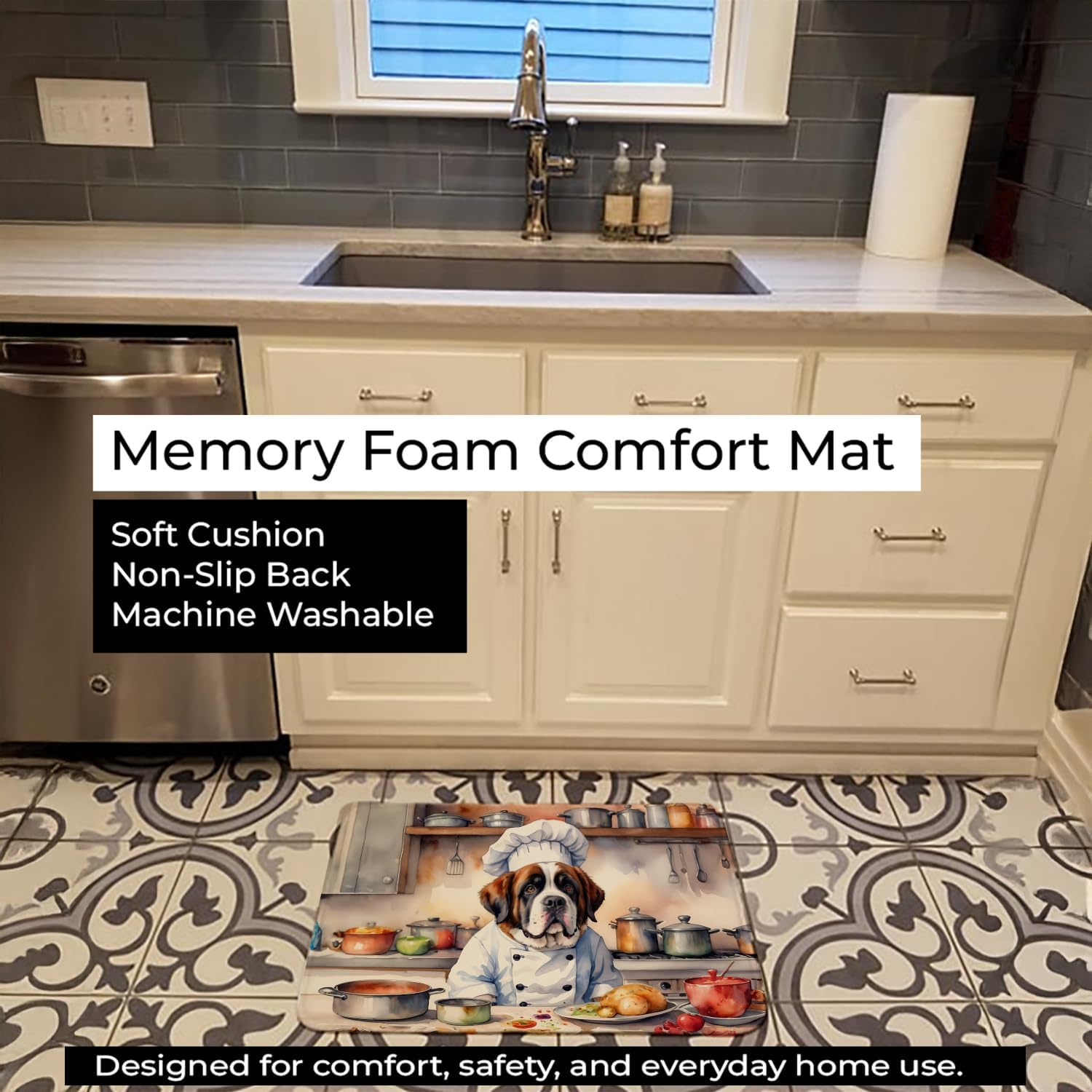 Caroline's Treasures Saint Bernard The Chef Memory Foam Kitchen Mat Machine Washable Anti-Fatigue Mat Cushion Comfort Bath Mat or Kitchen Rug