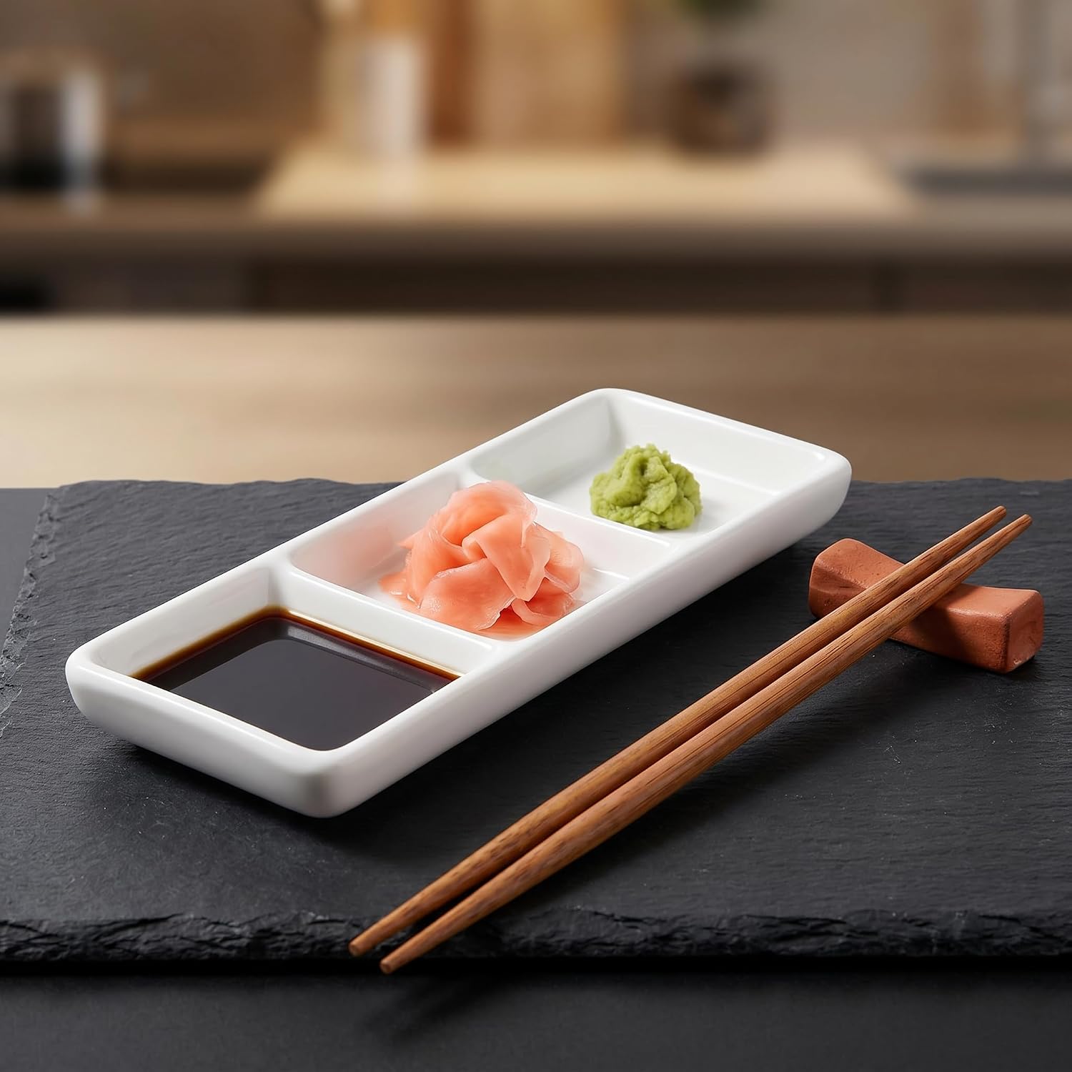 Ceramic Divided Serving Tray 5.8 inch, 4 Pack 3 Compartment Appetizer Tray White Stackable Chip and Dip Serving Dish Condiment Server for Entertaining, Snack Food Dessert, Dishwasher Safe