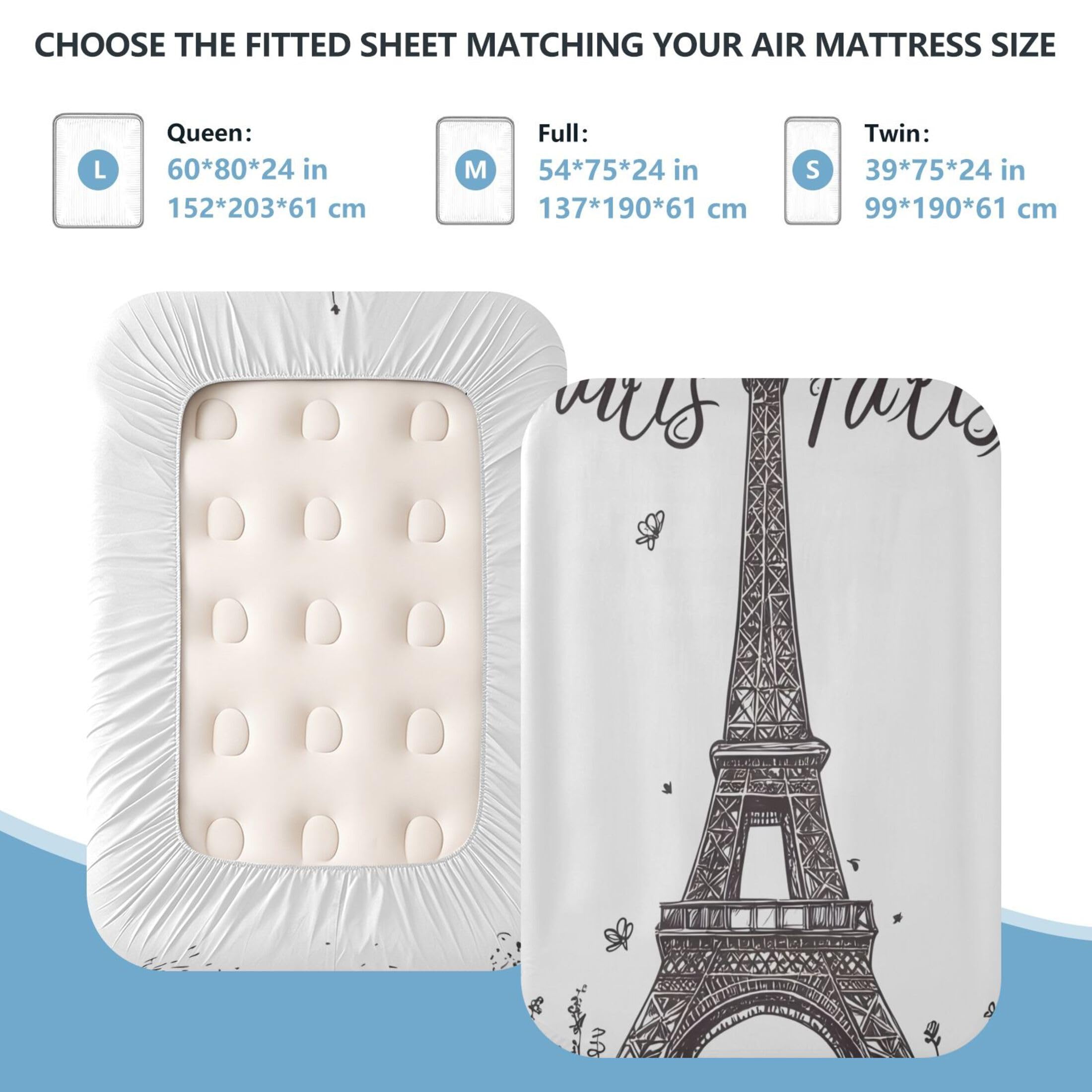 Sábana bajera individual de la Torre Eiffel para colchón de aire, bolsillo extra profundo de 24 pulgadas, funda suave y transpirable con apertura de válvula de cremallera para cama de aire