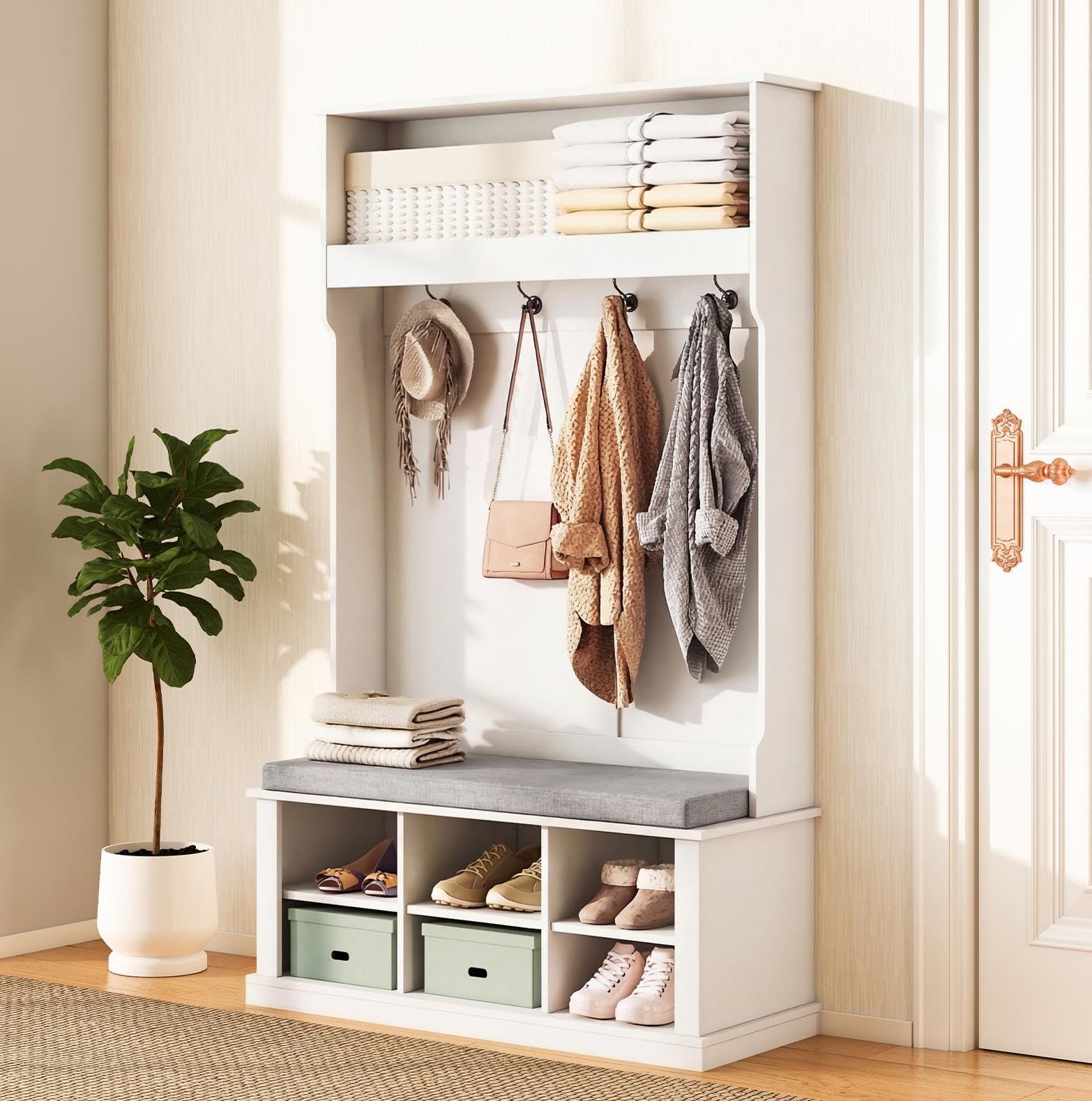 HAUSPROFI Flurgarderobe mit Sitzbank platzsparend 100×40×170 cm, 4 Haken + verstellbare Böden, stabile Spanplatte-MDF, graues Leinenkissen, für Diele, Flur & Wohnzimmer (Weiß)