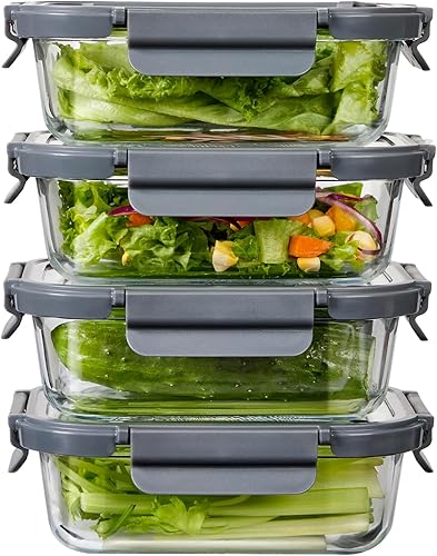 Miniatura 1 de Contenedores de vidrio para almacenamiento de alimentos con tapas de vidrio, paquete de 4 recipientes de 22 onzas, recipientes de vidrio para