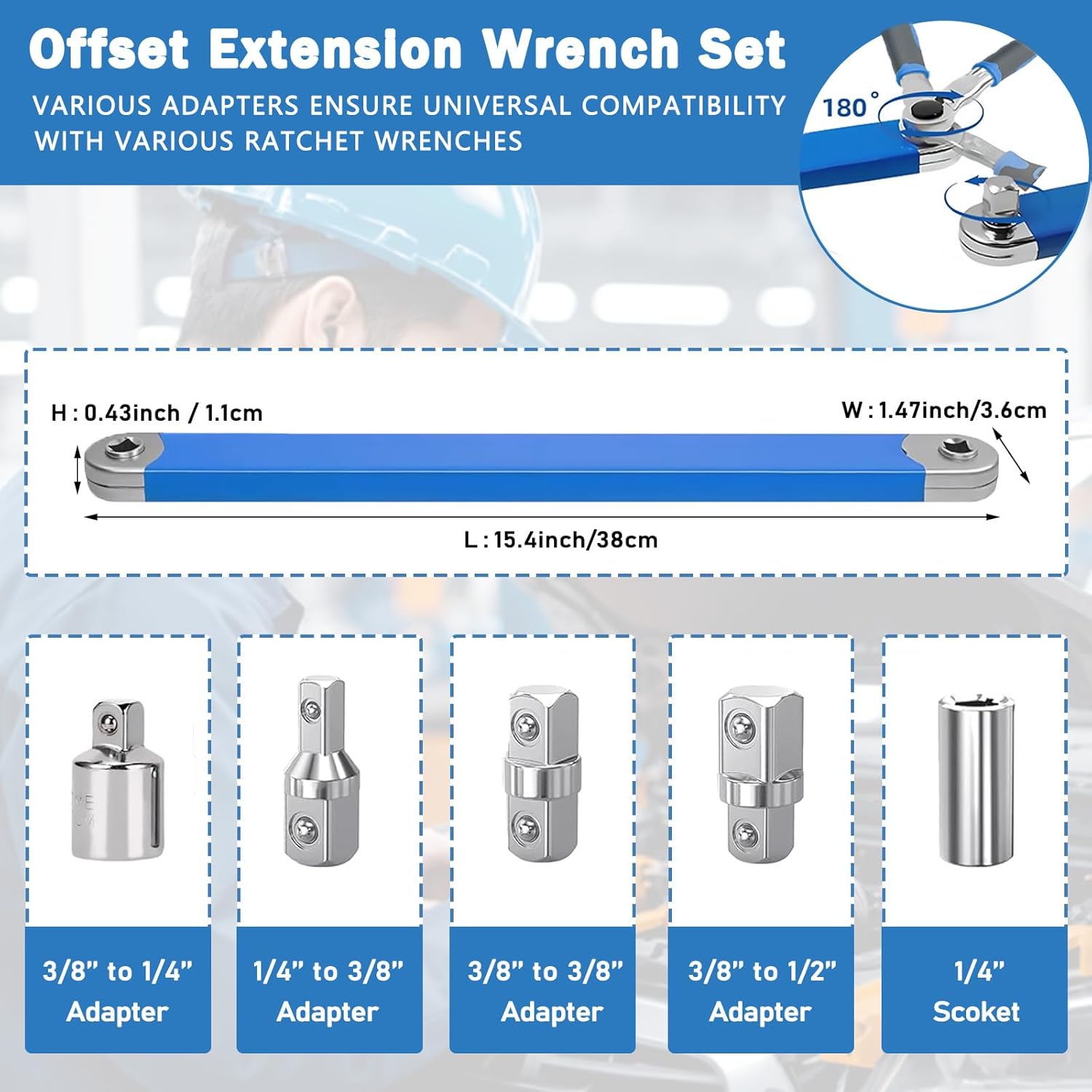 Funvalley Surperfect Offset Extension Wrench, 15.4 Inch Tight Reach Extension Wrench Set with 1/2", 1/4", 3/8" Square Drive Adapters and 1/4" Socket, Universal Wrench Extender for car