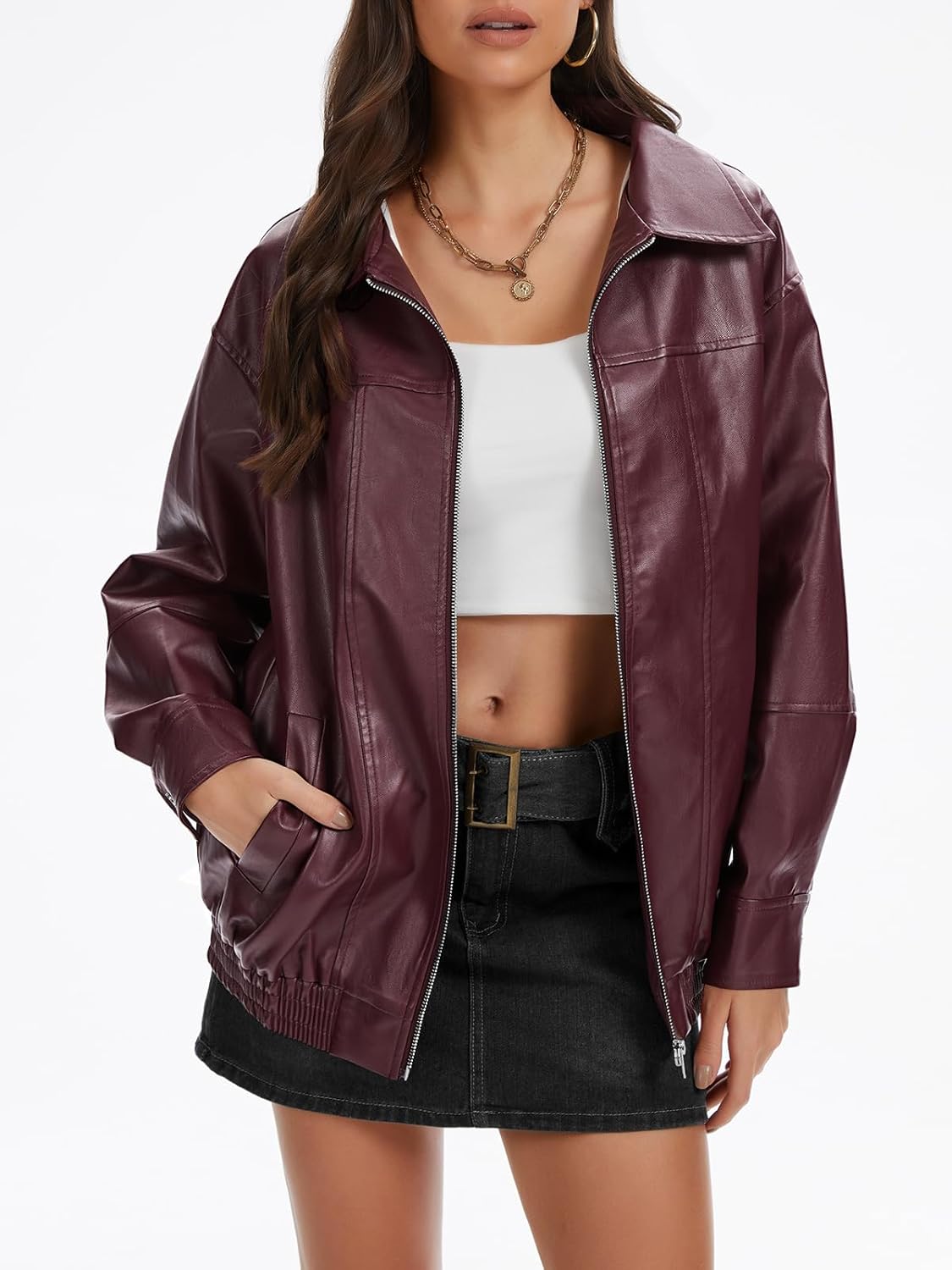 grewley Womens Faux Leather Jacket Motorcycle Bomber Jacket Coats Fall Spring Clothes Oversized Zip Up Winter Coat Outerwear - Image 3