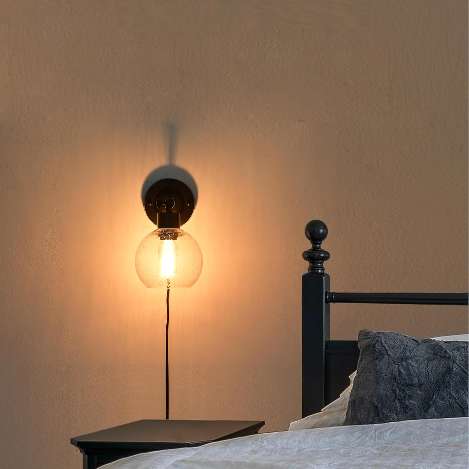 Black Glass Plug in Wall Sconces Set of 2, Dimmable Glass Globe Bedroom Wall Lights with Cord and Switch, 180°Adjustable Black Bedside Wall Mount Sconce Lighting for Living Room Mirror