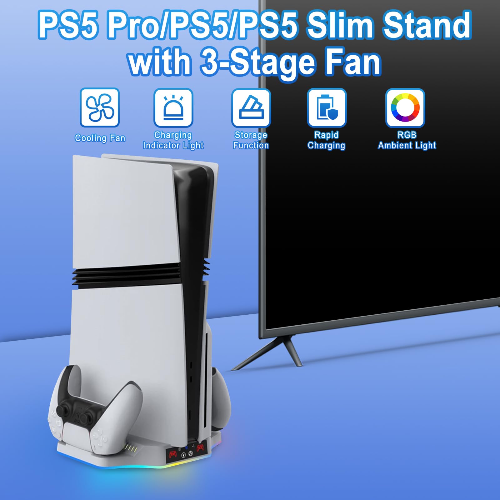 PS5 Pro/PS5 Slim Ständer mit PS5 Controller Ladestation, PS5 Vertikale Ständer mit 3 Stufig Lüfter Kühlventilator Ladestation mit 2 Gleichzeitiges Laden von drei Geräten, Zubehör für PS5 Pro/PS5 Slim