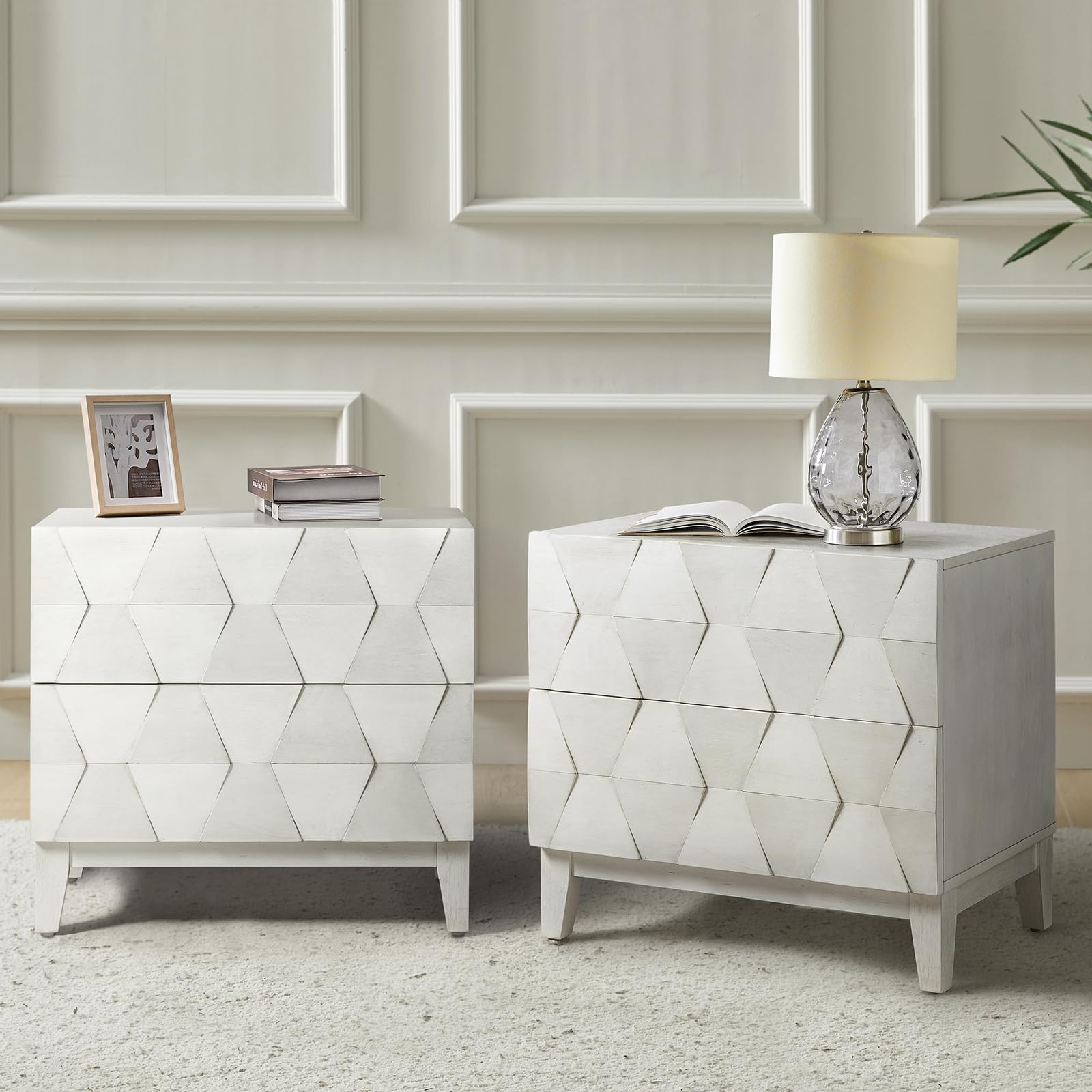 HULALA HOME Modern End Tables Set of 2 with Charging Station, 2 Drawers Side Table with Solid Wood Legs, White