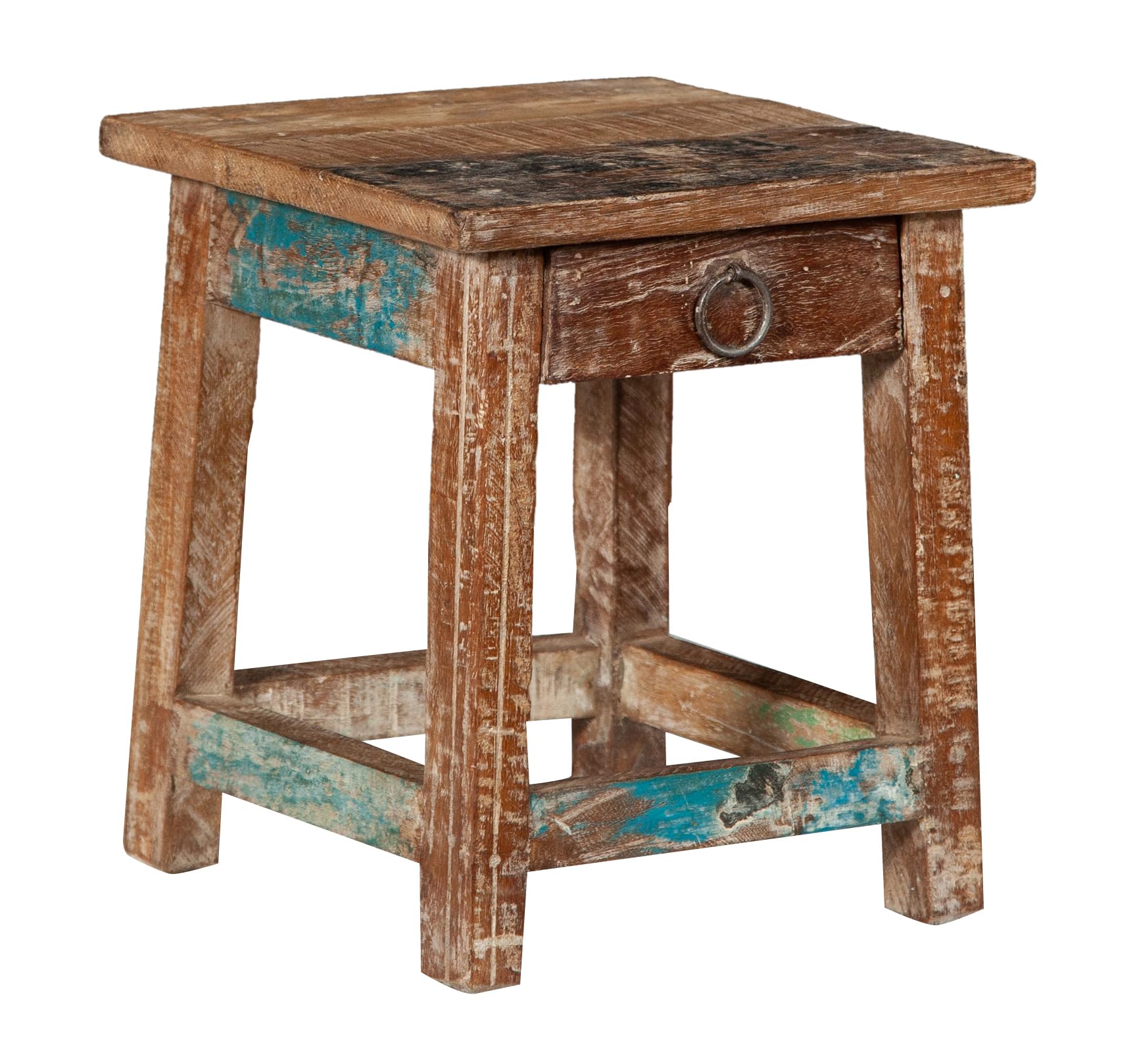 Biscottini Taburete de madera bajo con cajón 26 x 26 x 30 cm – Taburete de baño – Banco de madera reciclada – Taburete pequeño – Soporte para plantas – Taburetes de restaurante, bar y cocina