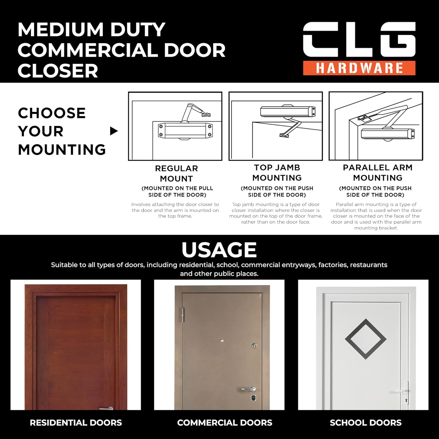 CLG HARDWARE DC6003 Medium Duty Commercial Door Closer - Surface Mounted, Automatic Door Closer, Cast Aluminum,UL 3 Hour Fire Rated, Size 3 for Residential & Light Commercial Doors - US19 Matte Black