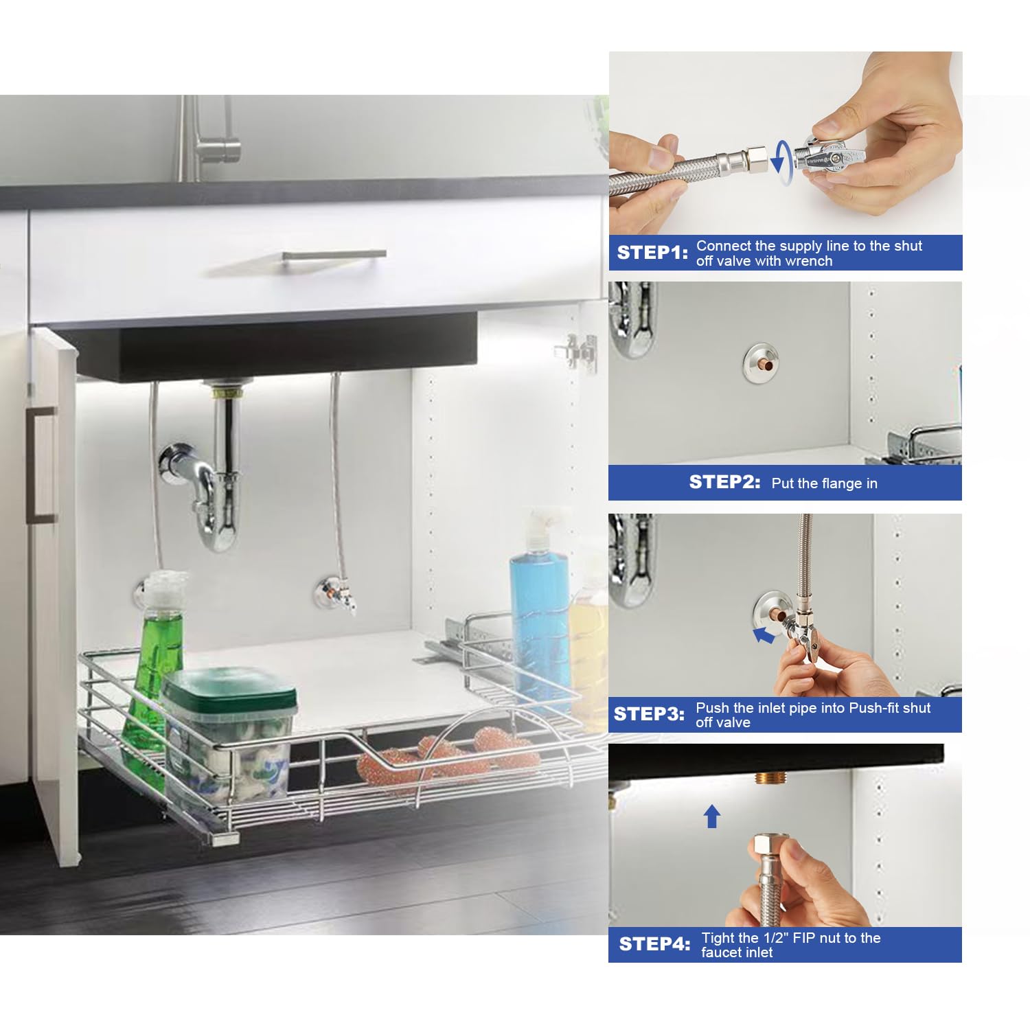 Juego de conectores de grifo, kit de línea de suministro de agua con 2 unids 1/2 "ángulo de ajuste de presión topes y 2 unids 16" línea de suministro de agua de acero inoxidable