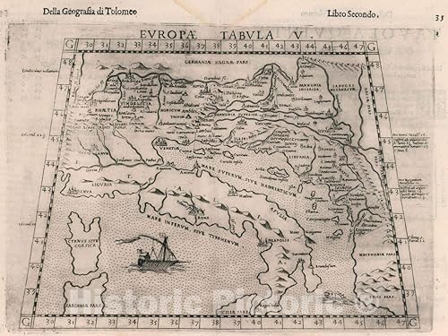 Mapa histórico Italia, Imperio Romano, Europa Tabula Europae V. Della Geografia di Tolomeo. Libro Secondo, Atlas 1599, Arte de pared vintage 44in x
