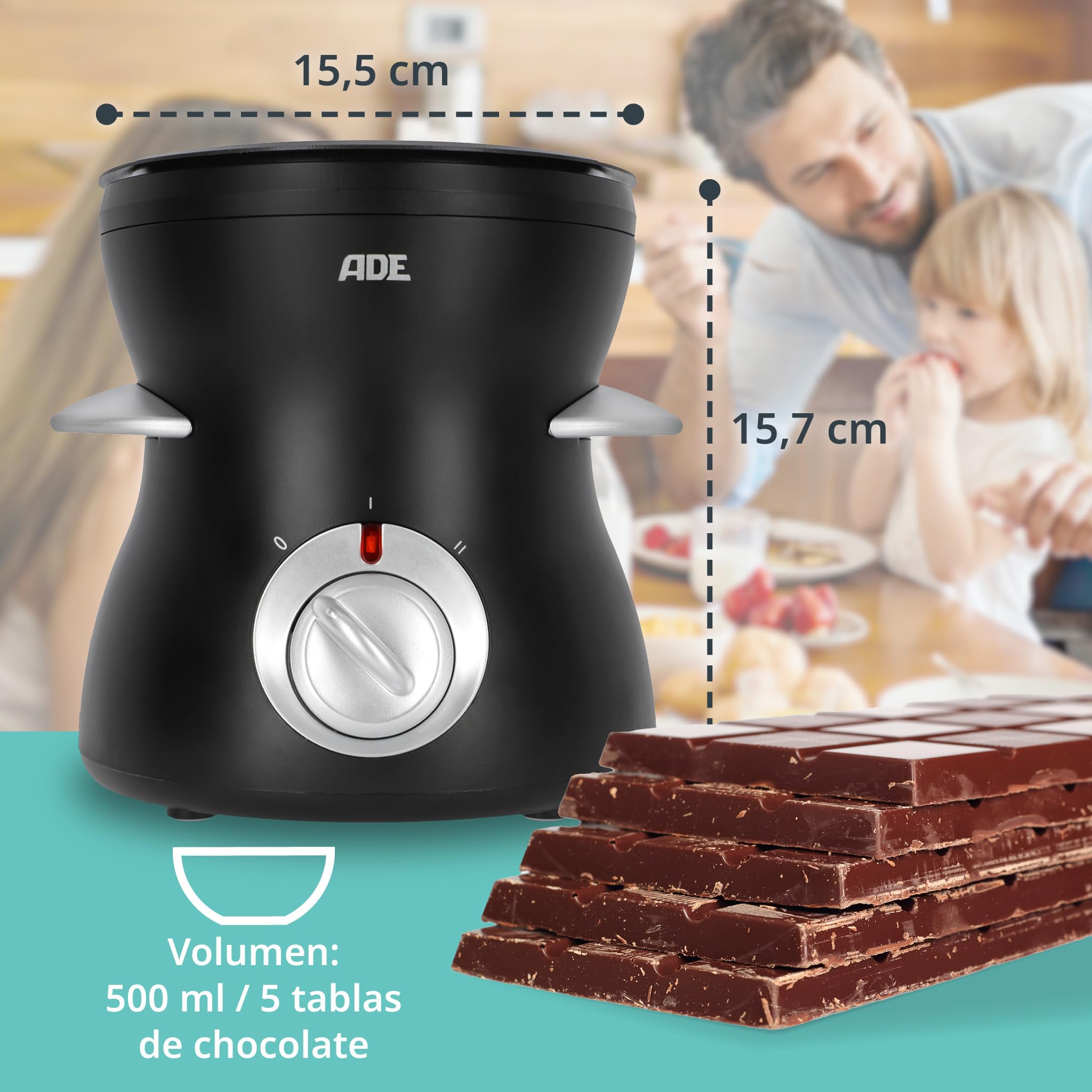 ADE Fondue eléctrica de chocolate con 2 niveles de temperatura | Fuente de chocolate con 8 tenedores | Chocolatera con recipiente extraíble con revestimiento de teflón | capacidad de 500 ml