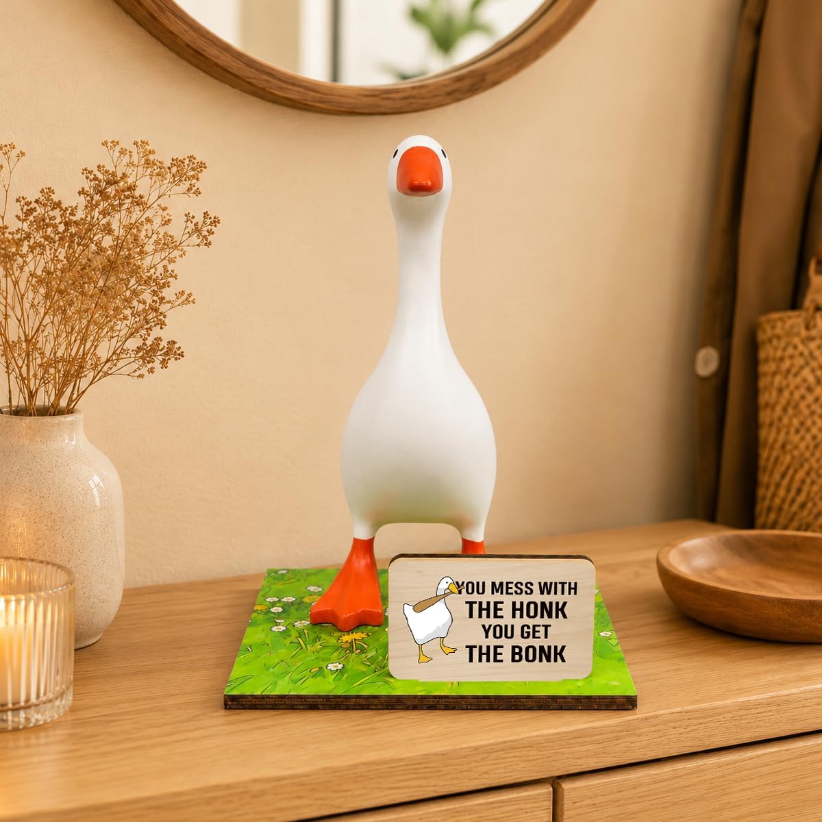 SUSZDOU Funny Housewarming Gifts-Magnetic Key Goose Holder, You Mess with THE HONK You GET THE BONK Sign, Desk Decor with Wooden Base for Home, Office, Entryway, Funny Housewarming Gifts