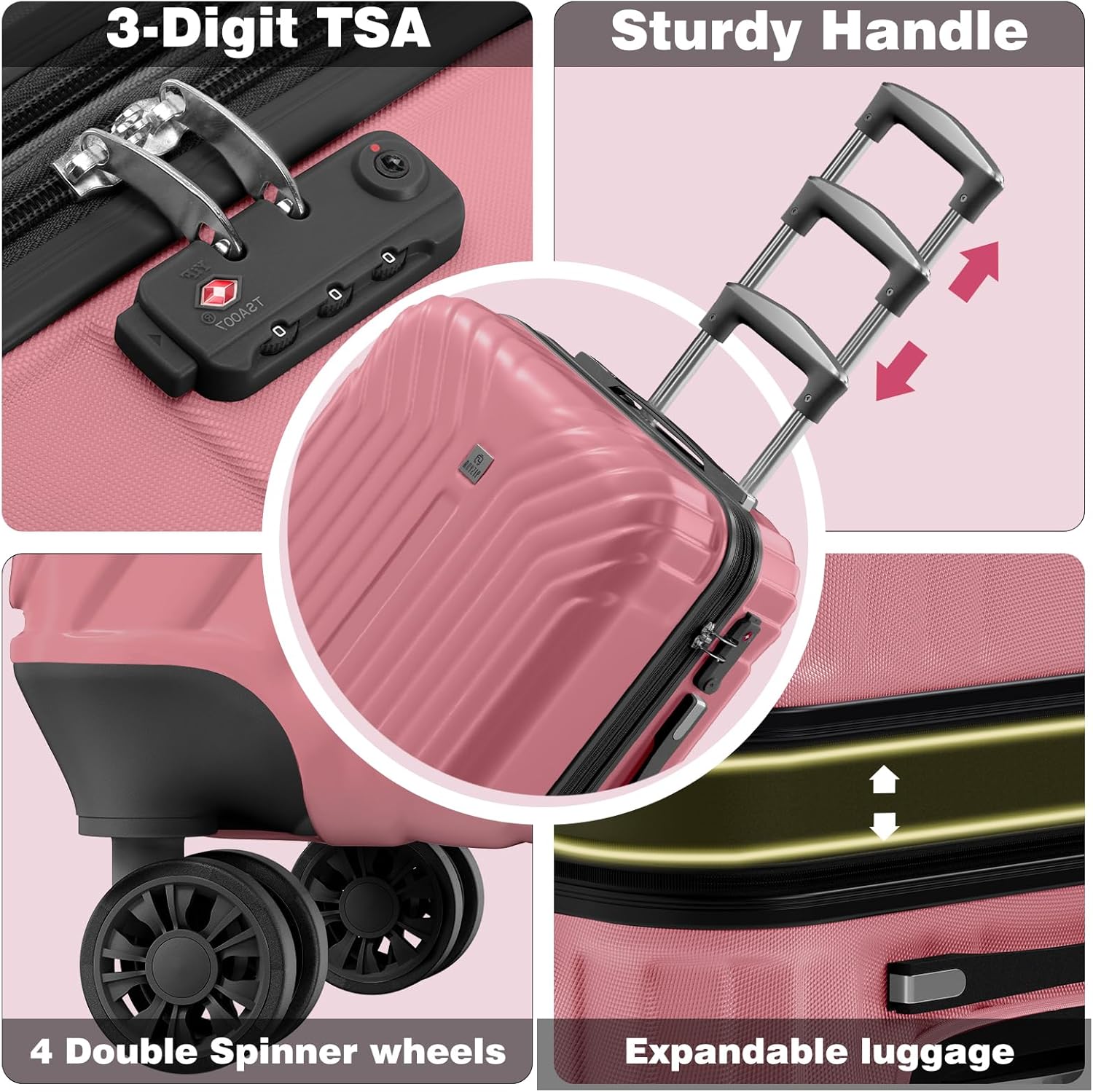 AnyZip Expandable Luggage, 24 Inch Hard Shell Checked Suitcase, Rolling Lightweight Travel Suitcases with Wheels TSA Lock (Pink)