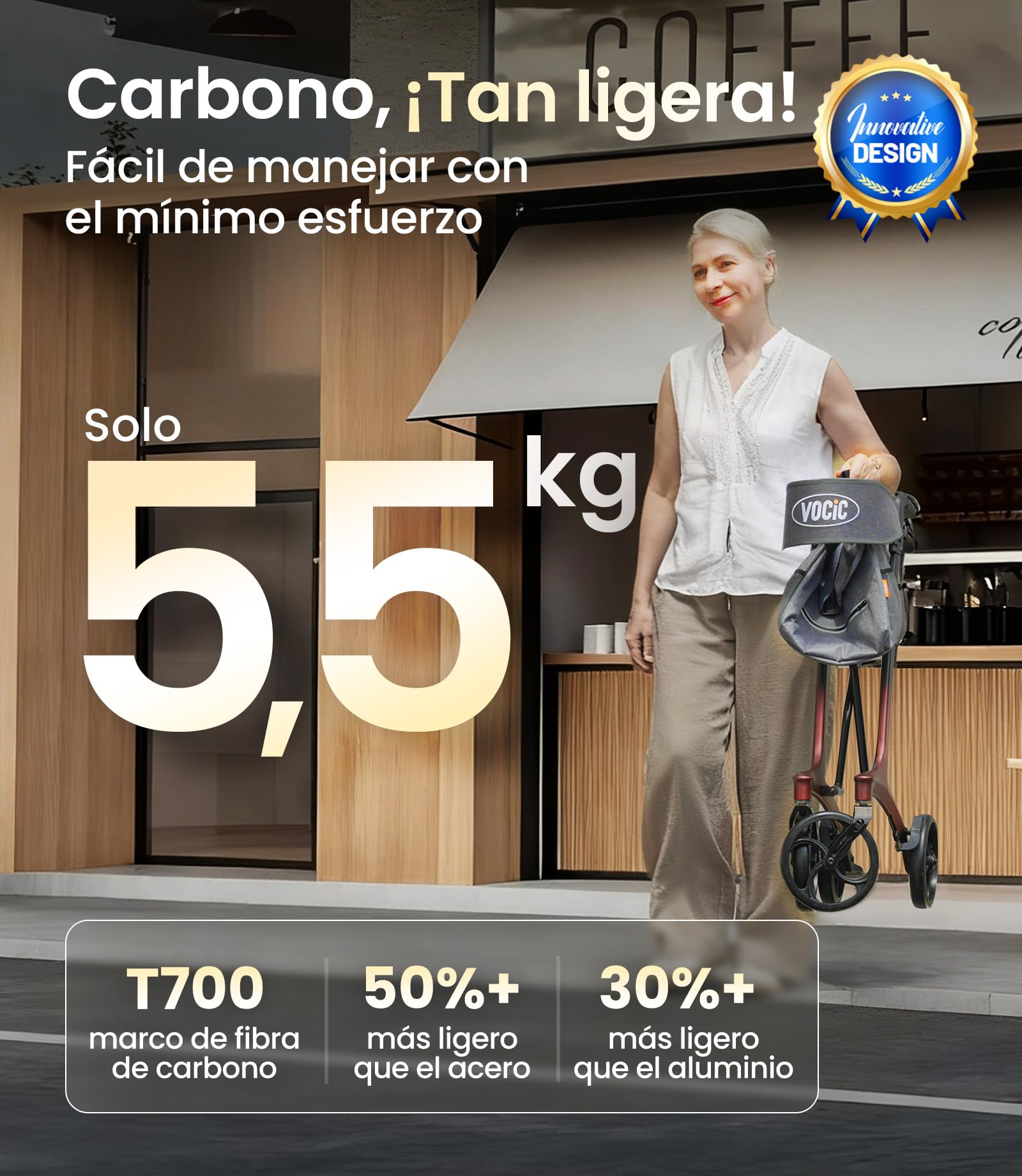 VOCIC Z75 Rollator carbono plegable ligero con asiento, 5,5 kg Ultraligero | andador plegable para ancianos con ruedas, Rollator estrecho interior & exterior, Max 136kg, 5 años de soporte, rojo