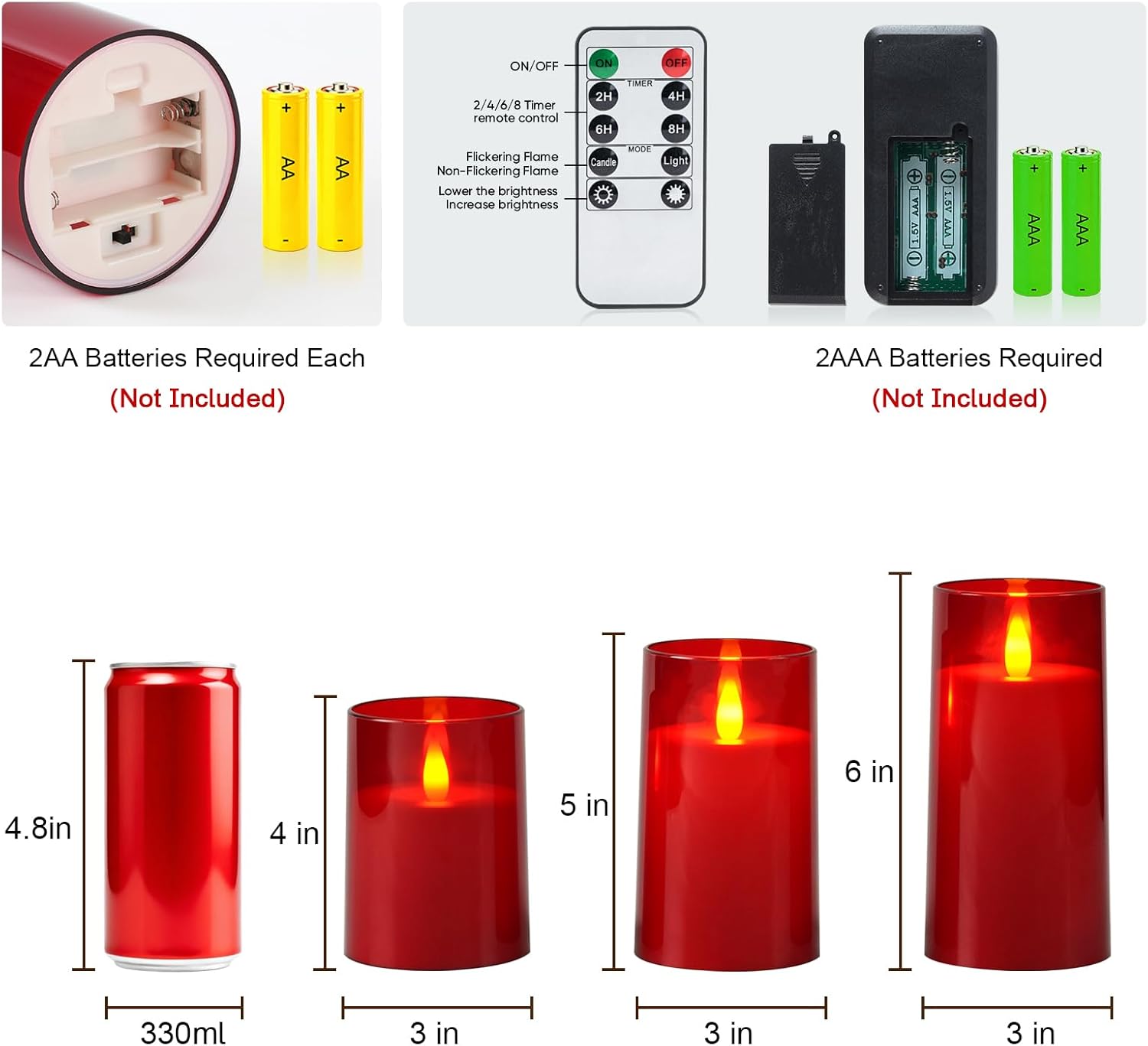 Raycare Flameless Electronic Pillar Candles with Remote Control and Timer- Battery Operated Realistic Flickering LED Fake Candle for Home, Wedding, Valentine's Day Decor,Red,Set of 3(3"x4"5" 6")