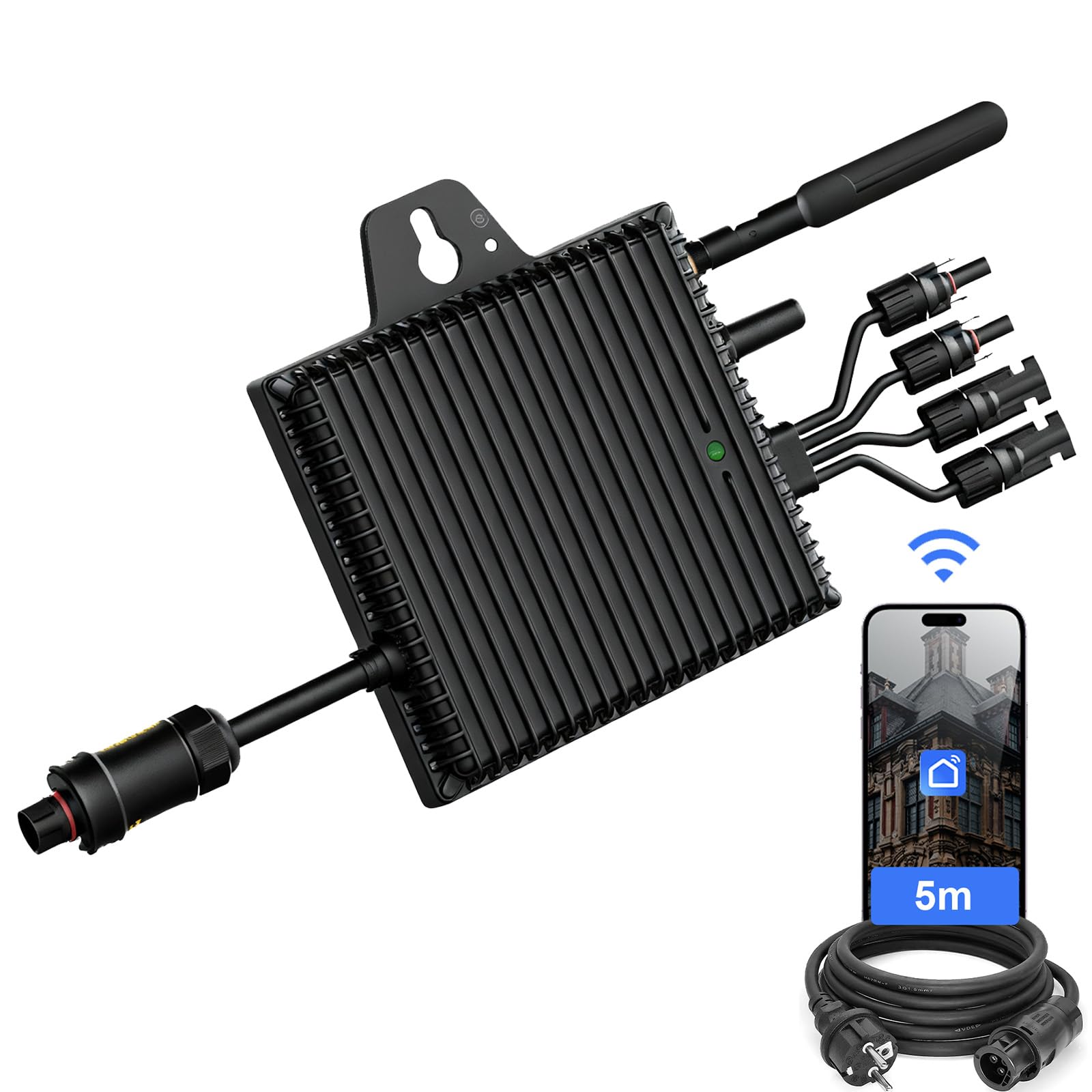 Mikrowechselrichter 800W mit 5m Kabel, Wechselrichter MPPT Mikro-Solar-Netzeinspeise, WiFi Überwachung mit APP IP67 Wasserdicht