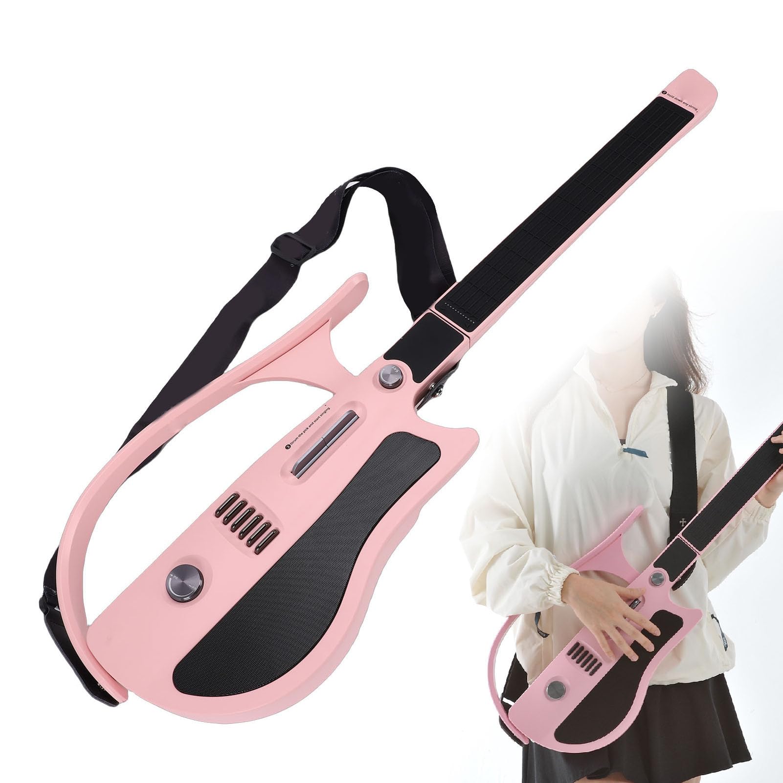 Luocute Chitarra Intelligente Senza Corde, Chitarra da Viaggio Pieghevole con App Fogli di Accordi Interattivi e Drum Machine Integrato per Principianti Adulti Adolescenti Rosa