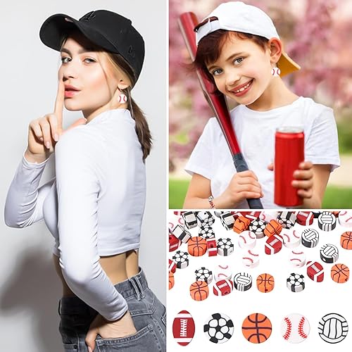 Miniatura 7 de 300 cuentas deportivas de arcilla polimérica a granel, béisbol, fútbol, baloncesto, voleibol, rugby, cuentas con cuerda elástica para hacer joyas,
