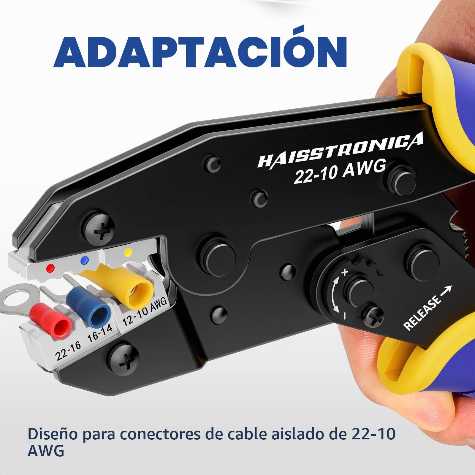 Haisstronica Crimpadora para Terminales Aislados 0,5–6 mm² (AWG22–10), Herramienta de Carraca para Terminales en Anillo Aislados, Conectores de Cable y Empalmes, Alicate de Terminales con Carraca