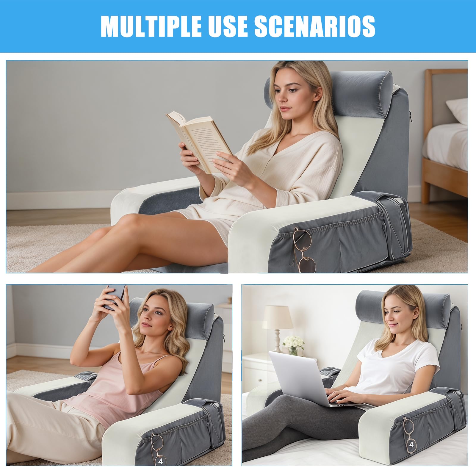 Lesekissen für Bett und Sofa, Rückenkissen Bett mit Abnehmbarer Nackenrolle & Armlehne, Lesekissen mit Rückenlehne, Kissenrückenlehne, Wandkissen Multifunktions-Keilkissen zum Lesen (Grau+weiß)