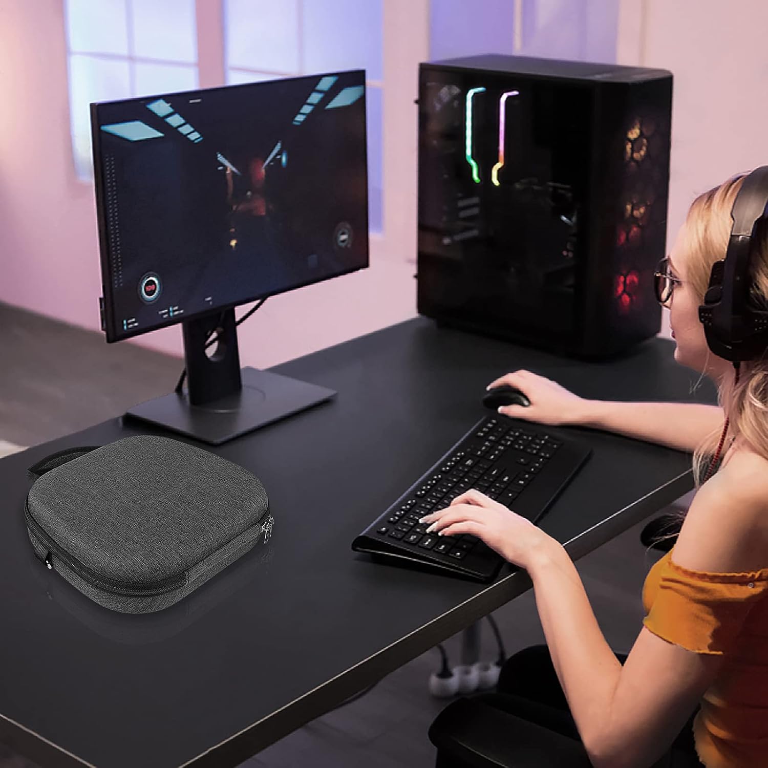 Geekria Shield Headphones Case Compatible with JBL Quantum One Gaming, Quantum 600, Quantum 800, Quantum 300 Case, Replacement Hard Shell Travel Carrying Bag with Cable Storage (Grey)