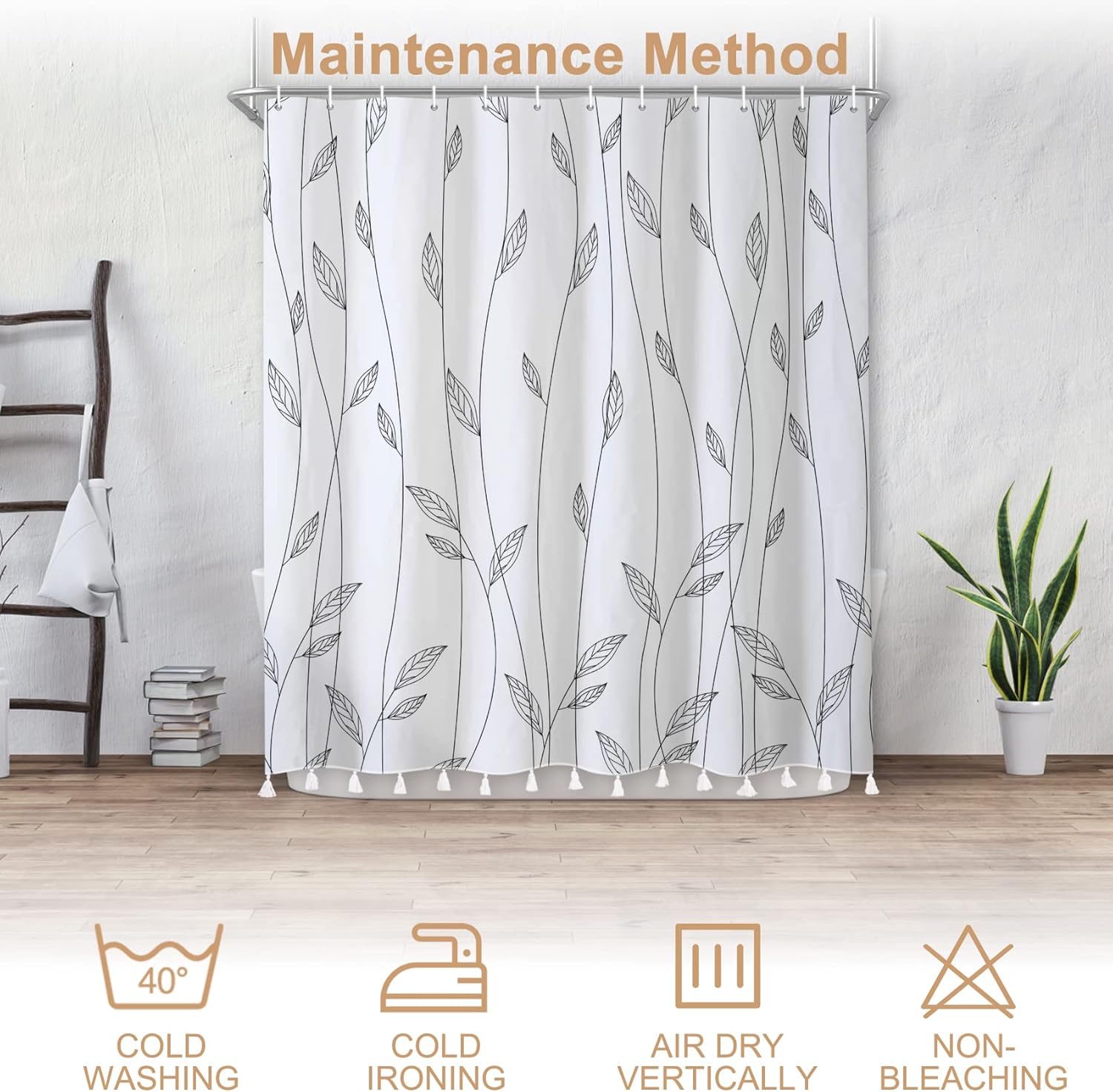 White Leaves Shower Curtain with Tassels, Modern Plant Bathroom Curtain with Tassels, Minimalist Boho Tassels Shower Curtain Set with 12 Hooks for Bathroom, L2, 72Wx72L