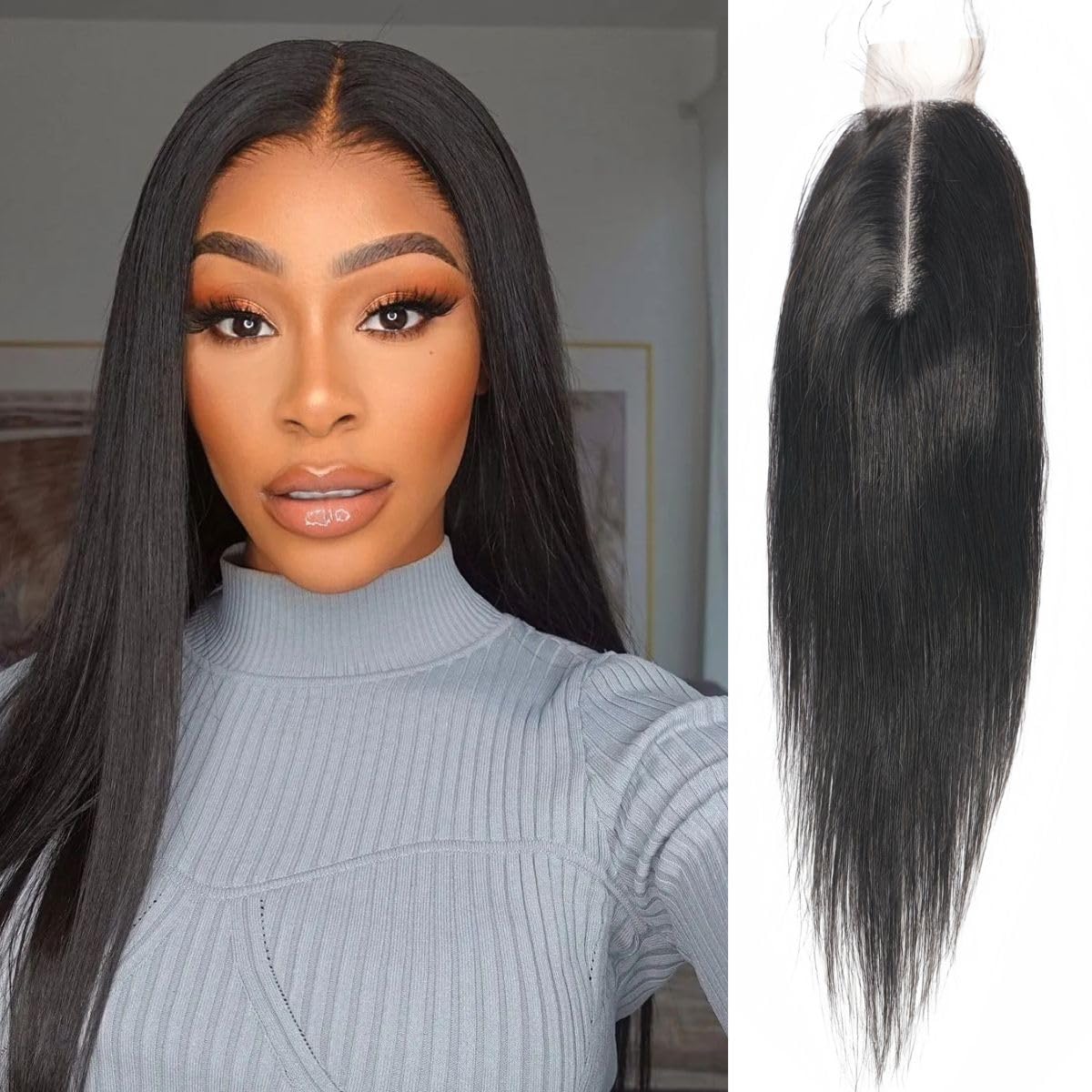 Risbaer Brazilian 2x6 HD Lace Closure Straight 100% Human Hair Middle Part 2x6 Lace Closure Remy Hair Kim K Closure(18 inch)