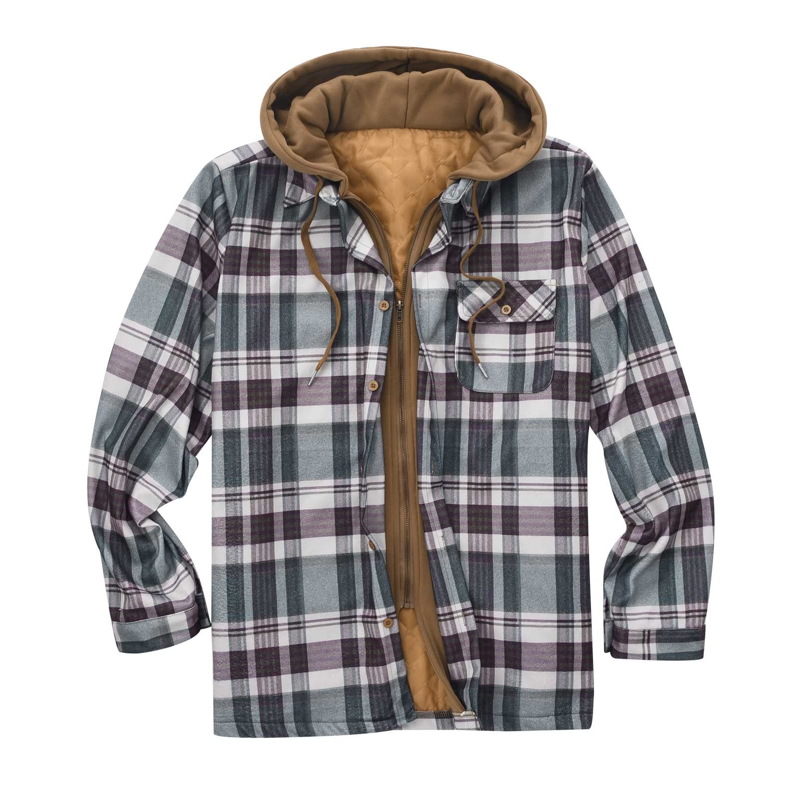 Men's Plaid Shirt Jacket Hooded Quilted Lined Winter Coat Sale Clearance  Tartan Check Hoody Jacket Long Sleeve Button Down Outdoor Outwear Lumberjack