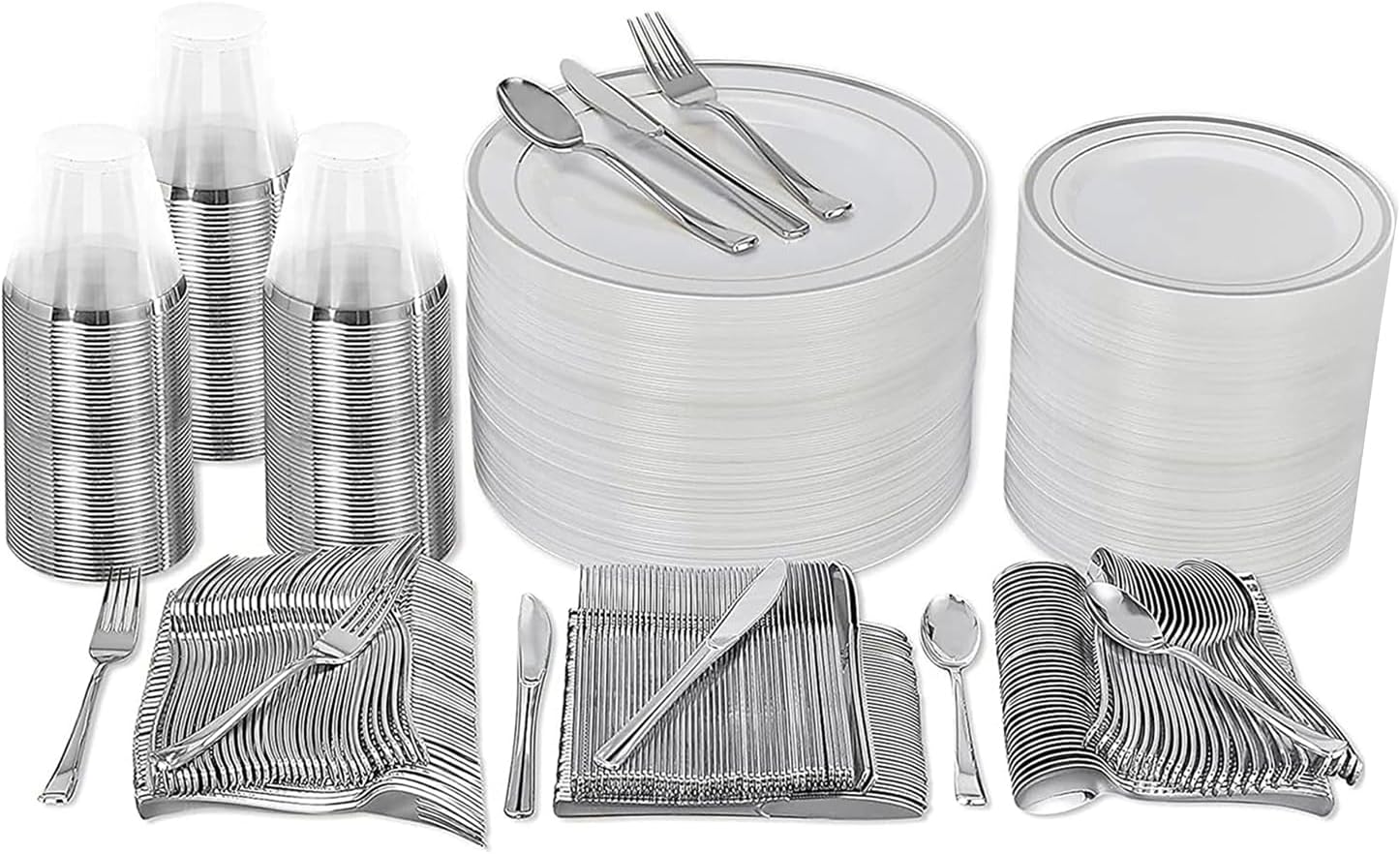 Prestee 600 Piece Dinnerware Set for 100 Guests - Elegant Disposable Silverware and Party Plates for Events - Includes Cutlery Set with 100 Dinner Plates, Salad Plate, Cups, Knives, Forks, and Spoons