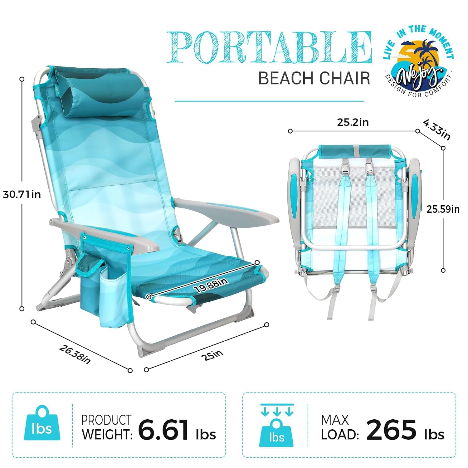 #WEJOY 4-Position Adjustable Beach Chair for Adults Set of 1/2, Folding Low Beach Chair Aluminum Lightweight & Portable, High Back Pillow Pocket Outdoor Garden Reclining Camping... - Image 2