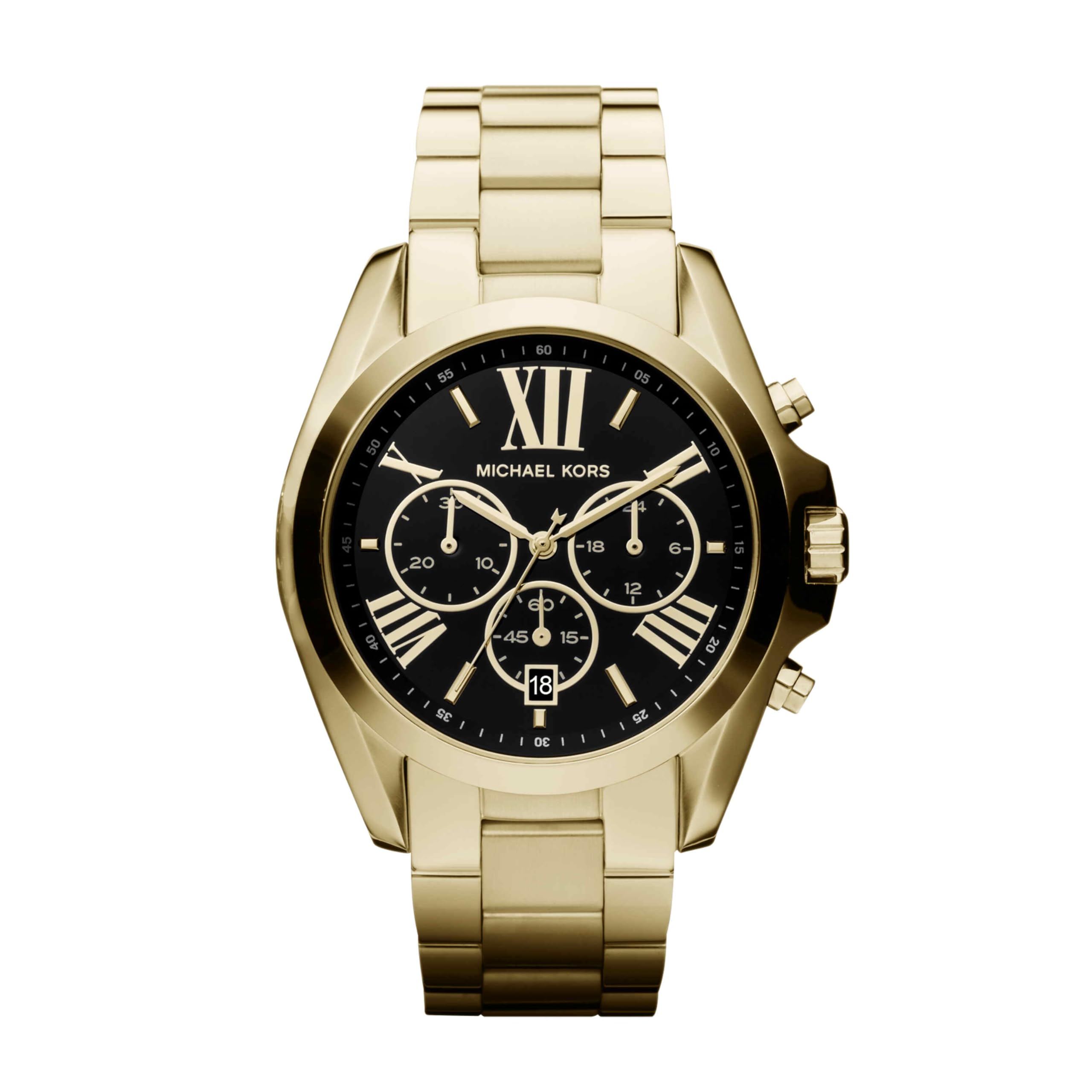 Michael Kors damski zegarek Bradshaw, 43 mm, kwarcowy mechanizm z chronografem, pasek ze stali szlachetnej, Złoty odcień i czarny