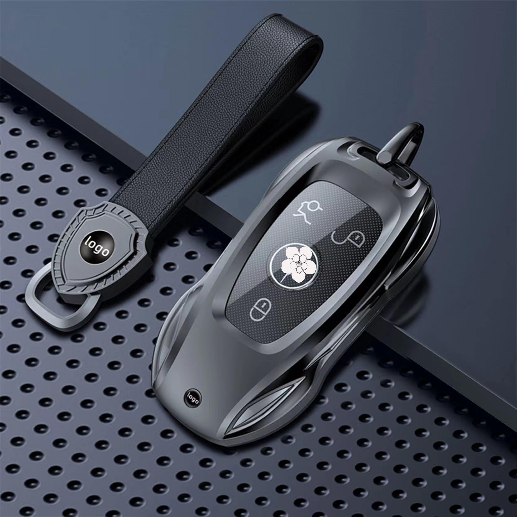 IUIU Key Fob Cover Metal Black with Leather Keychain, Compatible with Mercedes Benz AMG GT, C E S M R CLA CLS GLA GLC GLE GLK GLS SLC SLK SL GL CL Class (B Style)