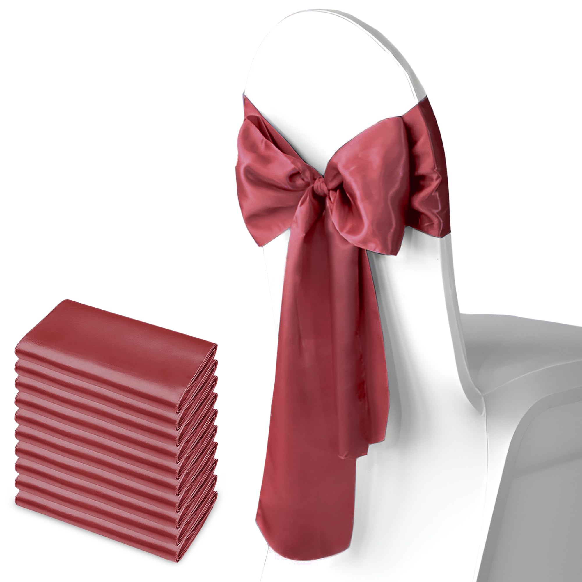 Trimming Shop Burgundy Satin Chair Sash Wider Fuller Bows Chair Sashes Hammed Edges Bow Back Tie for Wedding Birthday Party Banquet Event Decoration, 10pcs