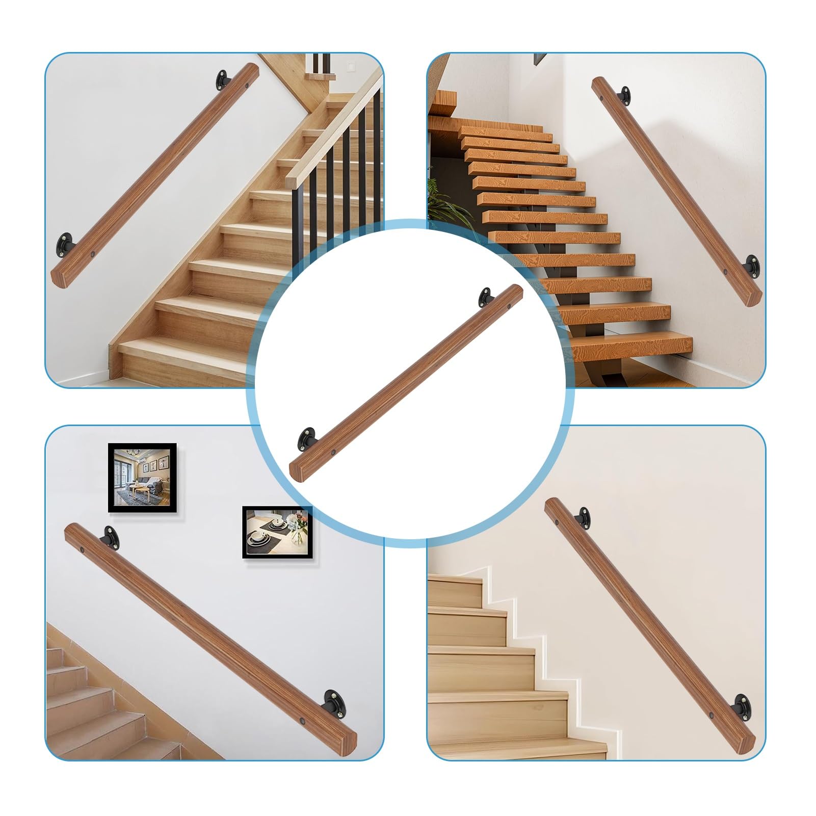 Corrimano In Legno Massello Per Scale - Ringhiera Antiscivolo, Kit Completo Per Interni Ed Esterni