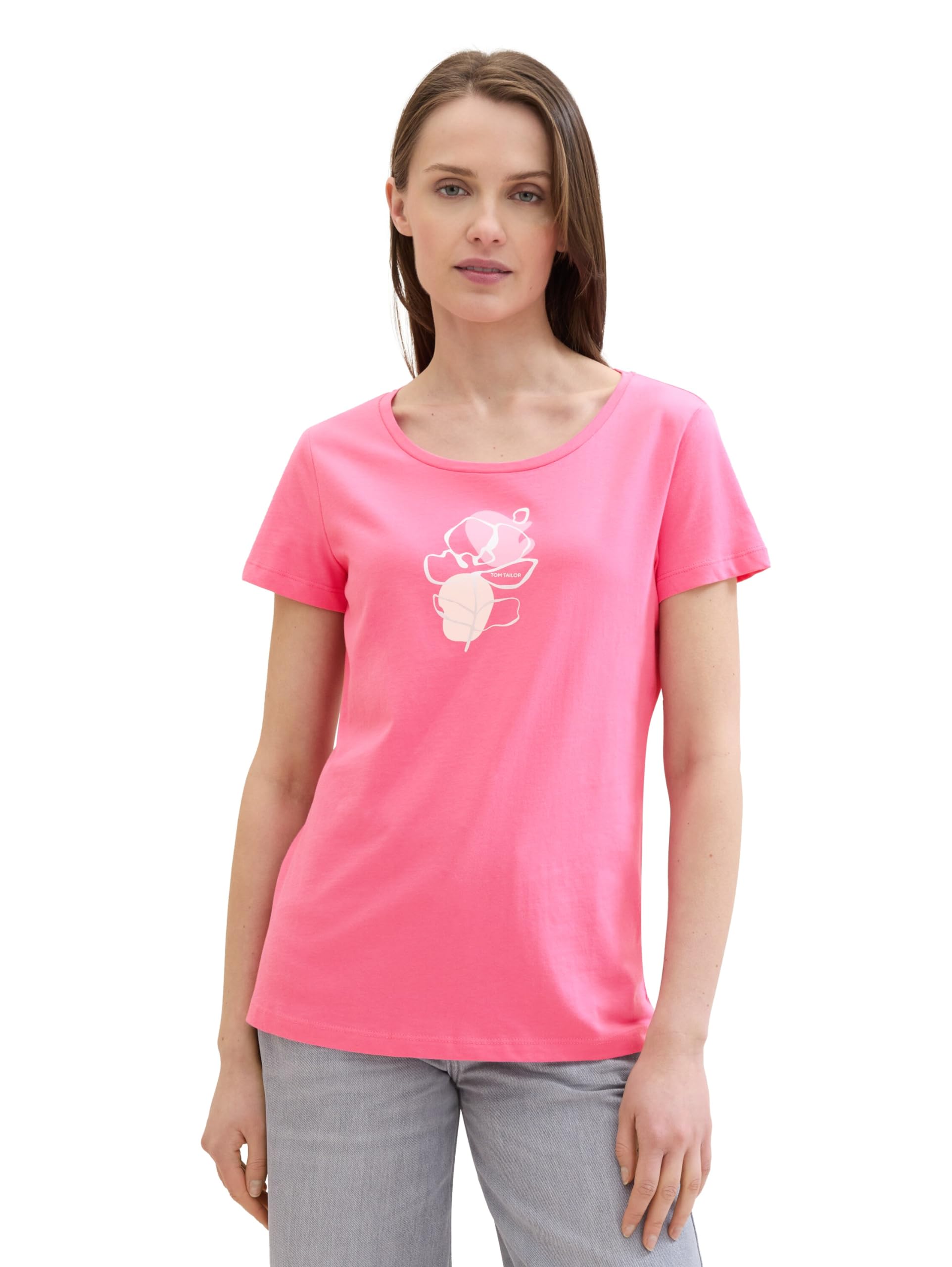 TOM TAILOR Damen Basic T-Shirt mit Blumen Print, carmine pink, XXL