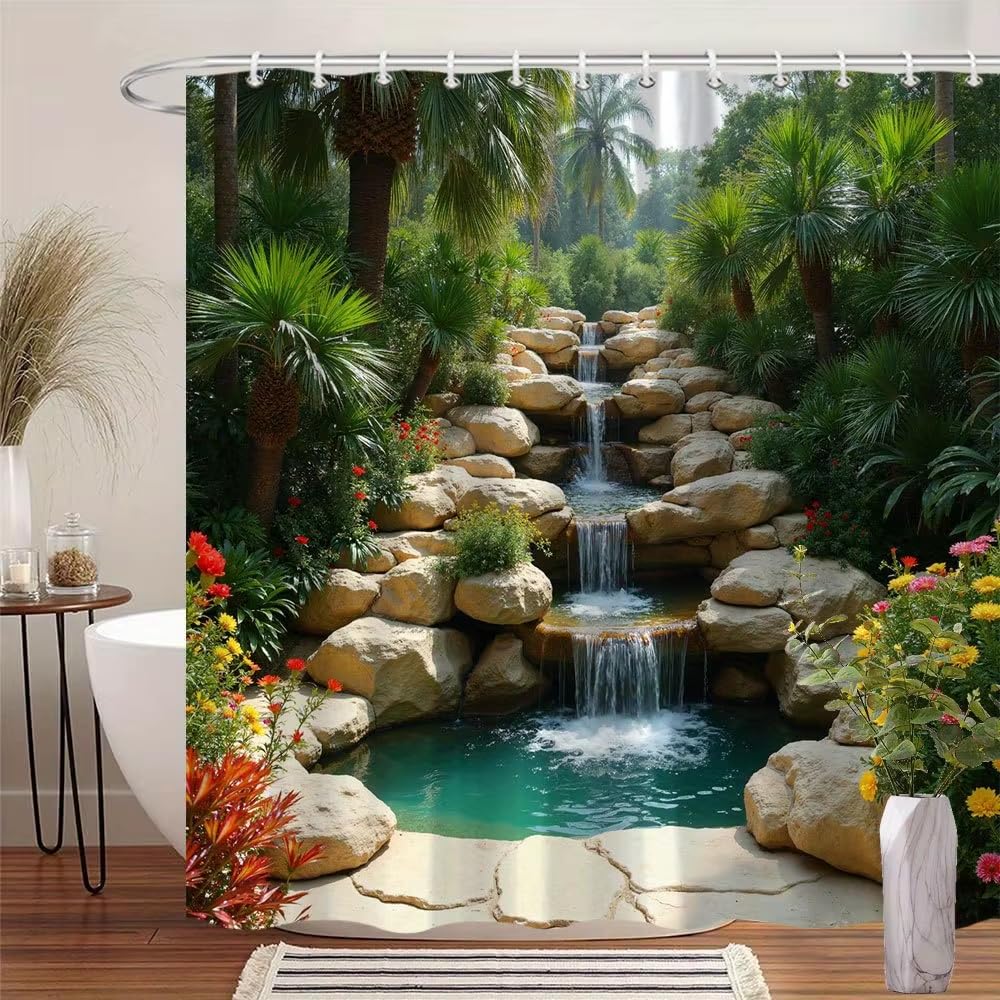 Rideau de douche cascade forêt tropicale vert 76x200cm pour salle de bain