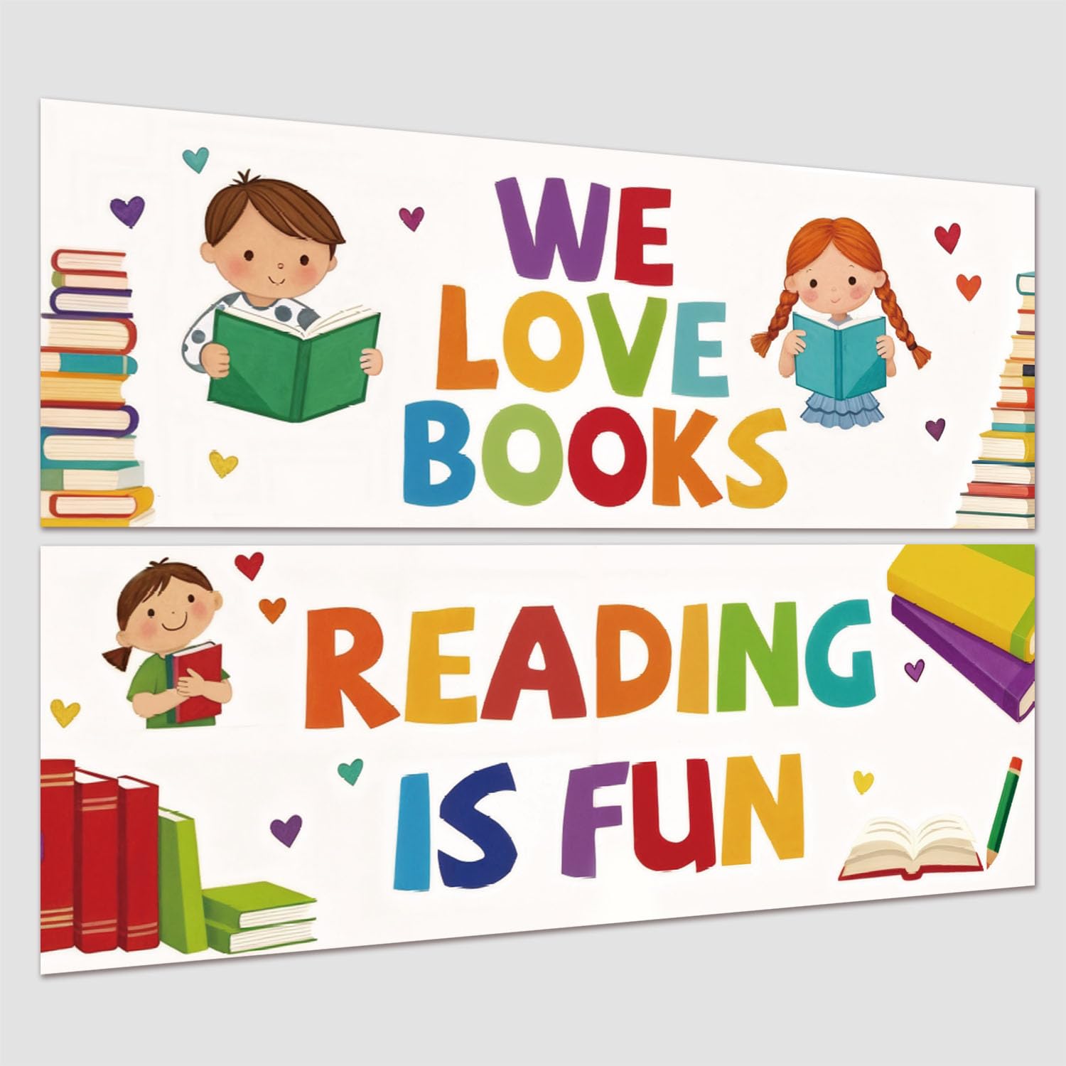 Hobbspring 2Pcs Funny Classroom Wall Art Reading Books Banners Study Coloful Hearts Educational Poster for Preschool Teachers Bookstore Cute Cartoon Person for Kindergarten Home 39 x 13.4in