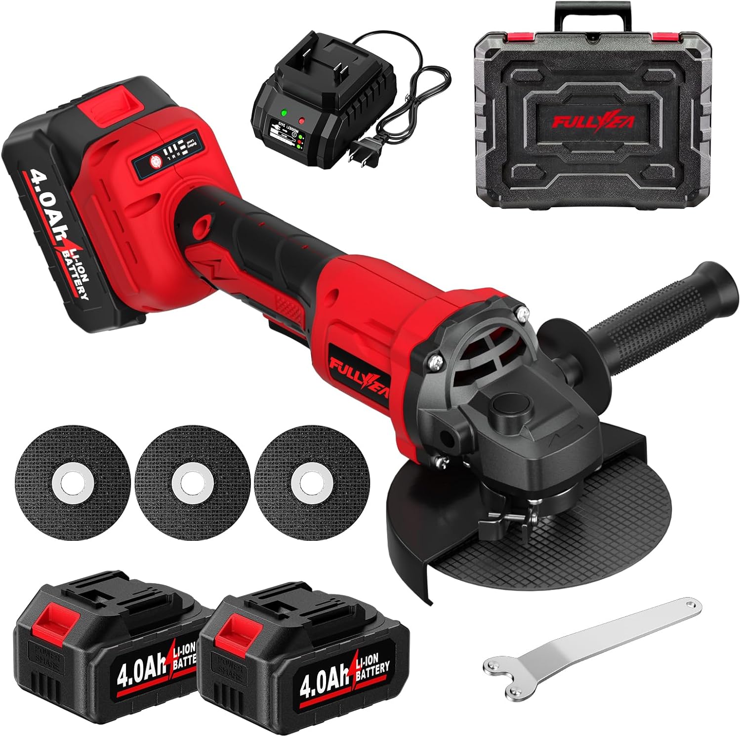 4-1/2" Angle Grinder Cordless, 12000 RPM Brushless Angle Grinder Tool, Power Angle Grinders with 2 * 4.0Ah Batteries & 3 Cutting Wheels, Electric Metal Grinder for Cutting, Grinding, Polishing (Red)