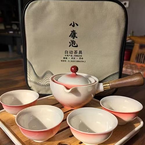 Miniatura 20 de Juego de té de viaje portátil de cerámica, juego de té chino de kungfu con tetera de rotación 360 e infusor, 4 tazas de té, bandeja de té y bolsa