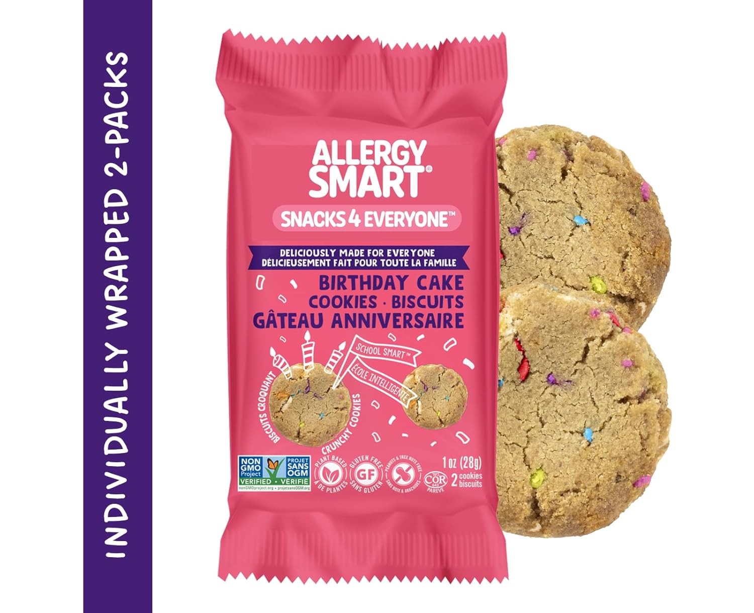 Allergy Smart Crunchy Cookies | Gluten Free, Nut Free, Egg Free, Soy Free, Dairy Free, Non GMO, Kosher | Delicious Plant Based School Snack for Parties & On the Go | 40 INDIVIDUALLY WRAPPED - 2 Packs (Birthday Cake)