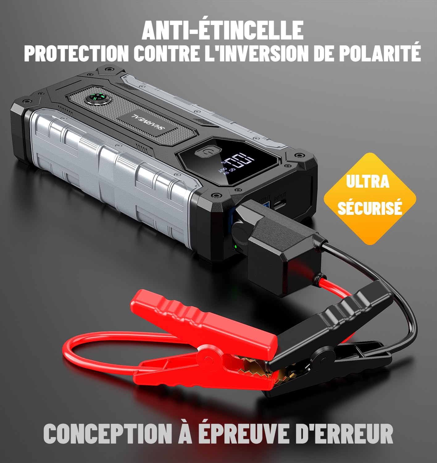 Sharmeal Booster Batterie Voiture 8000A, Démarreur Batterie Voiture Portable(Tout Essence ou 10L Diesel), 12V Jump Starter, Pinces de Sûreté Intelligentes, Grand Écran LCD, 400 Lumière LED 3 Modes