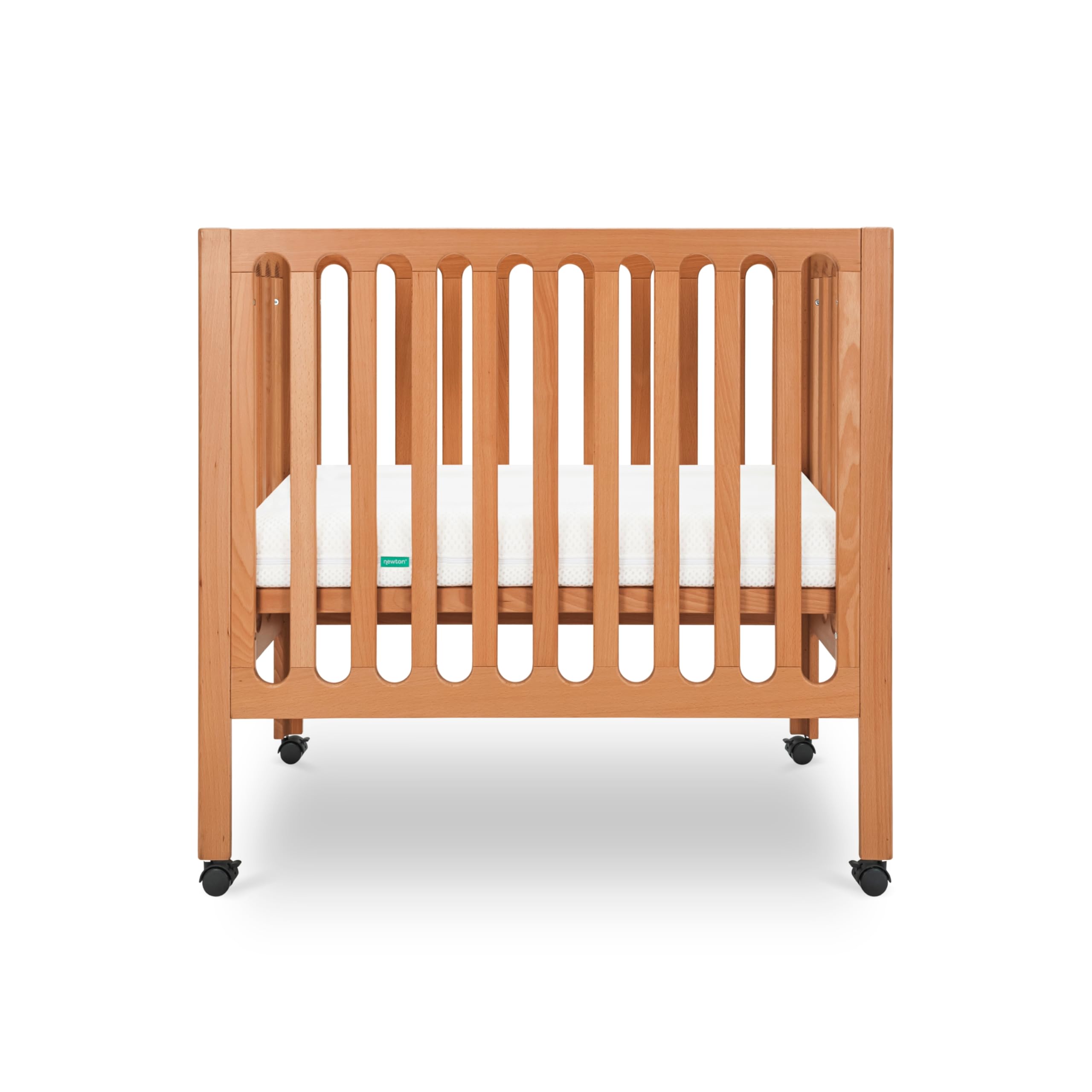 Newton Baby Galileo Mini Crib Solid Beech Wood with Wheels in Chestnut Color, Mini Crib Mattress Included, Adjustable Mattress Height, Ultra-Safe