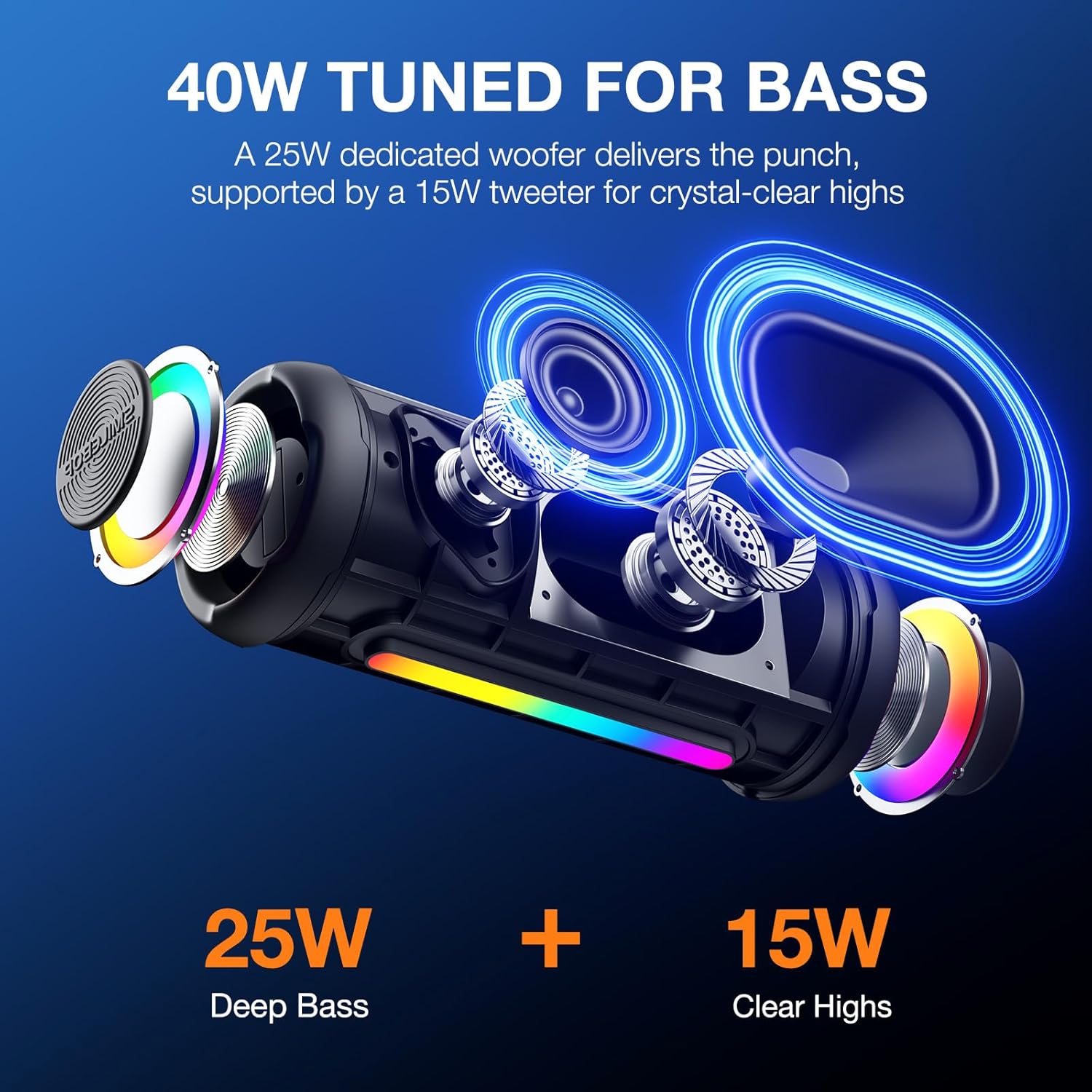 Portable Bluetooth Speaker Wireless, 40W Super Bass with Smart Display, IP67 Waterproof, 40H Playtime, RGB Colorful Lights, Bluetooth 5.4, for Home Party Outdoor Travel Beach Gift