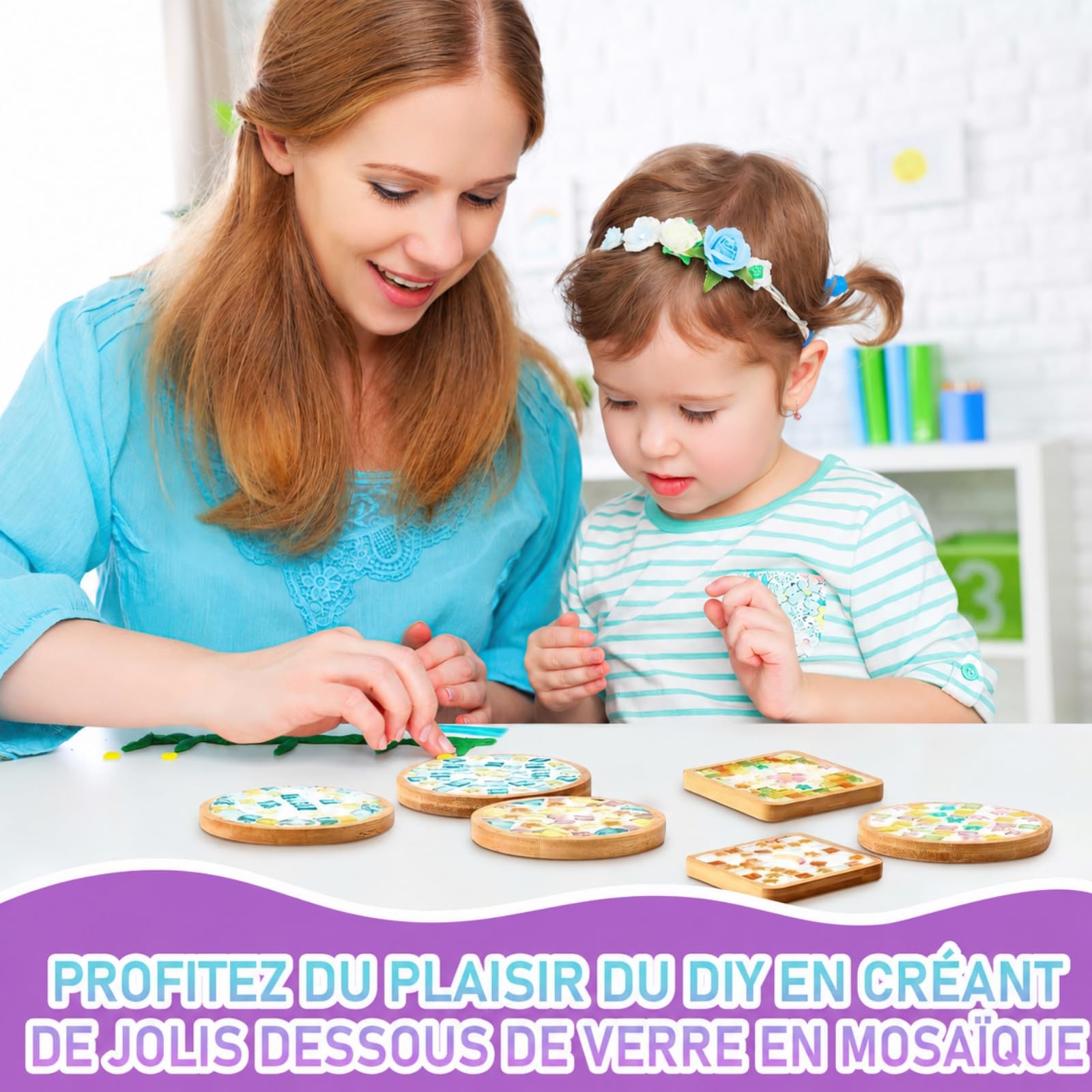 ASMIZ Kit Mosaïque DIY Dessous de Verre, Carreaux Verre Colorés 14 Pièces