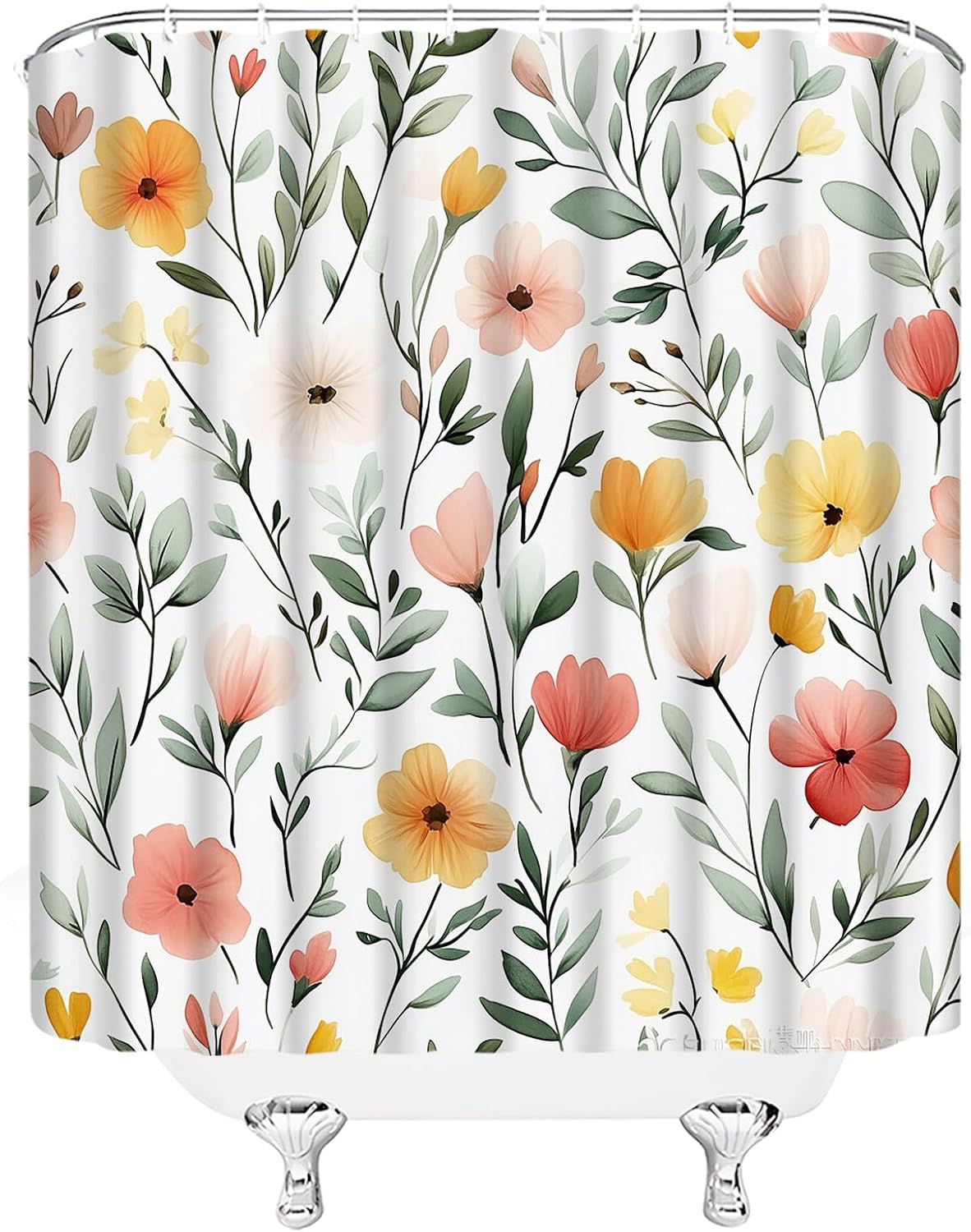 GCTNBJL Watercolor Flower Shower Curtain Rustic Farmhouse Plant Yellow Pink Floral Green Leaf Vintage Country 70x96(WxH) Inches Bathroom Decor Fabric Curtain with Hooks