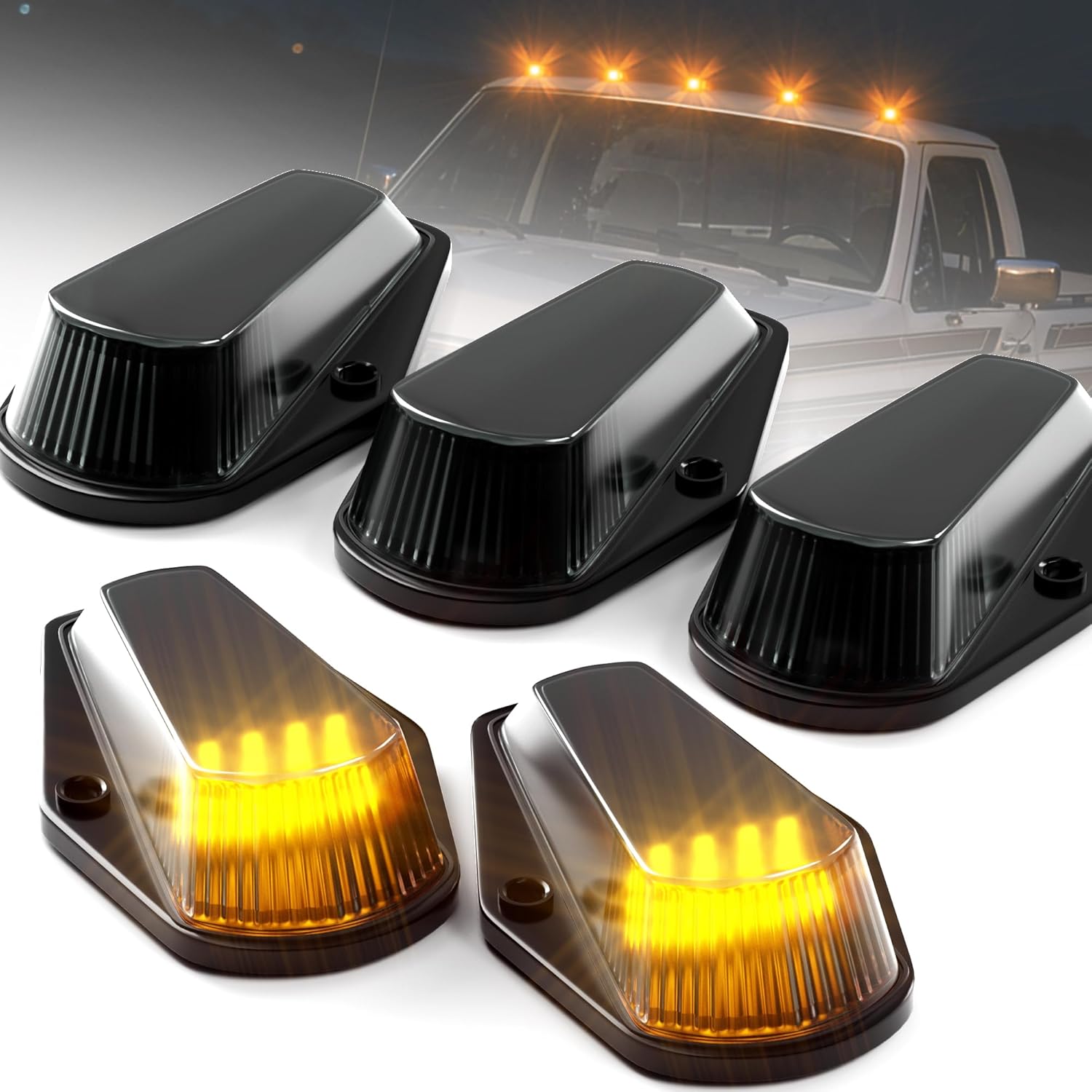 PSEQT 5Pcs Cab Roof Marker Lights Amber 16 LED Top Clearance Marker Light Kits Compatible with F150 F250 F350 1980-1997 Super Duty Pickup Trucks 12V Signal Running Light with Smoked Cover