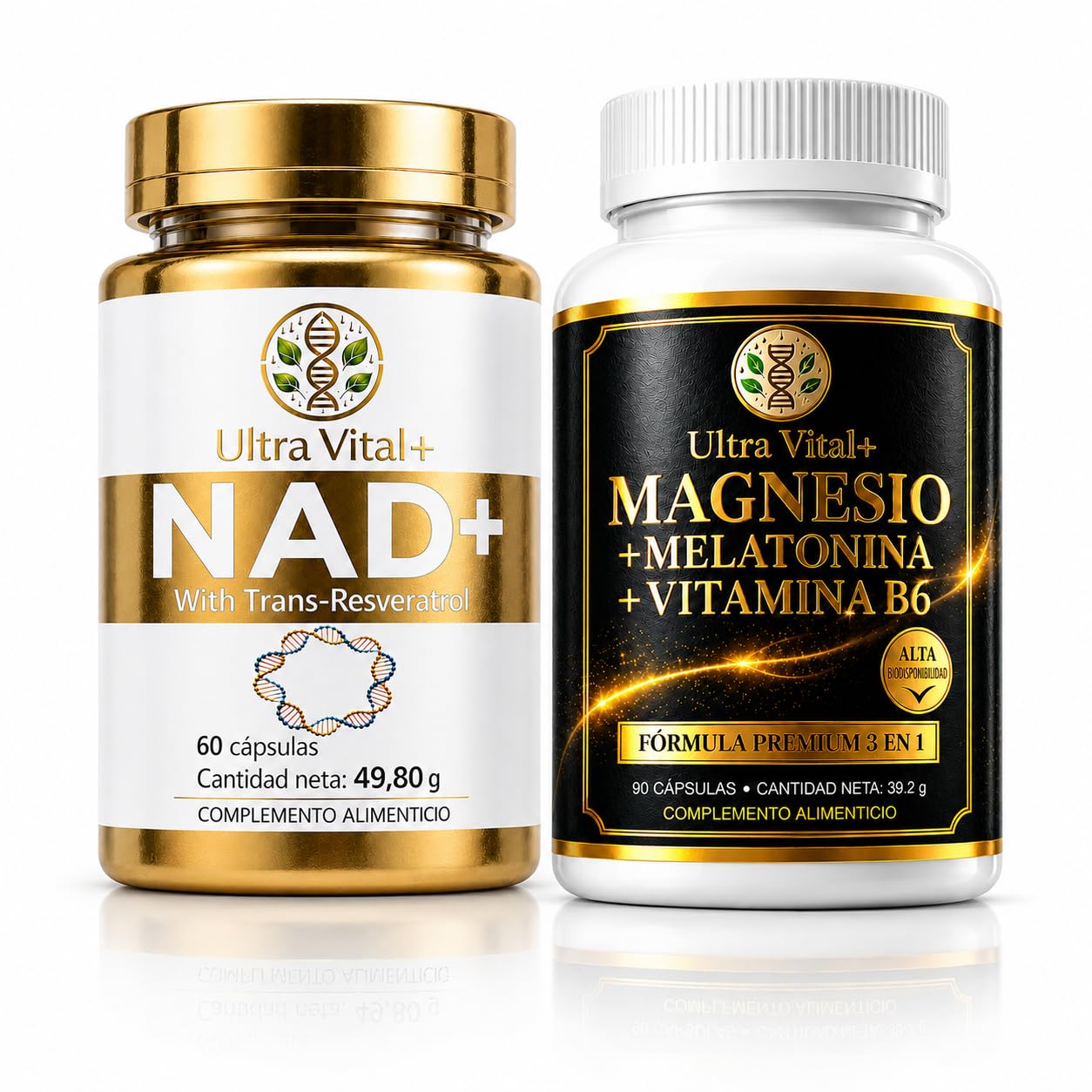 Pack Día y Noche Ultra Vital+ | Magnesio Bisglicinato/Glicinato con Melatonina 1,8 mg y Vitamina B6 + NAD Resveratrol Puro 1000 mg con Trans-Resveratrol | Sin Cafeína, para Dormir | 150 Cápsulas