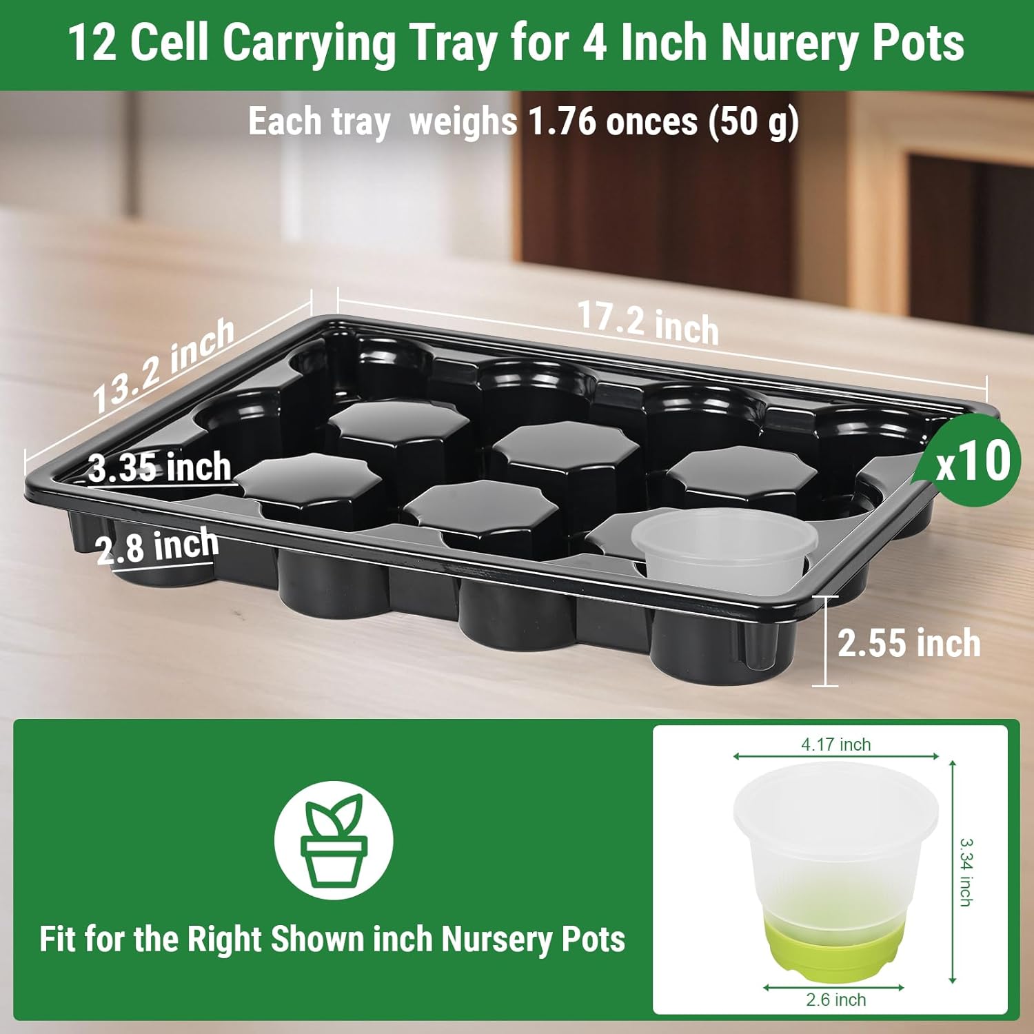 Sckee 12 Cell Round Nursery Pots Trays,Flower Pot Moving Tray, Nursery Pot Tray Plastic Planting Pot Carrying Trays for Moving Nursery Pot (17.2"×13.2"×2.5", 10PCS for 4'' Pots)