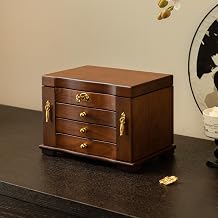 KINTNESS Black Walnut Wooden Jewelry Box with Lock - 3 Drawers Large Jewelry Organizer for Women with 2 Side Storage Space and Mirror, Jewelry Safe with Key for Bracelet, Necklace