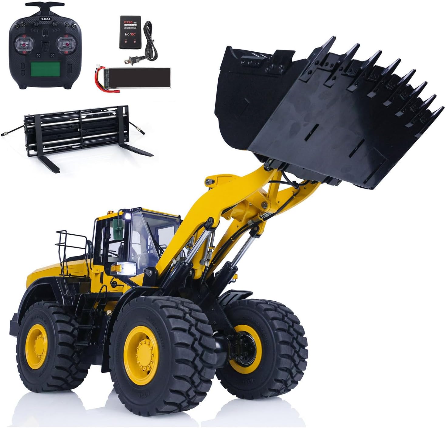 1/14 RC Metal Hydraulic Loader WA480 Electric Construction Heavy Machine Quick Coupler Fork Bucket Light Sound ST8 Radio Hobby Grade Model(Yellow)